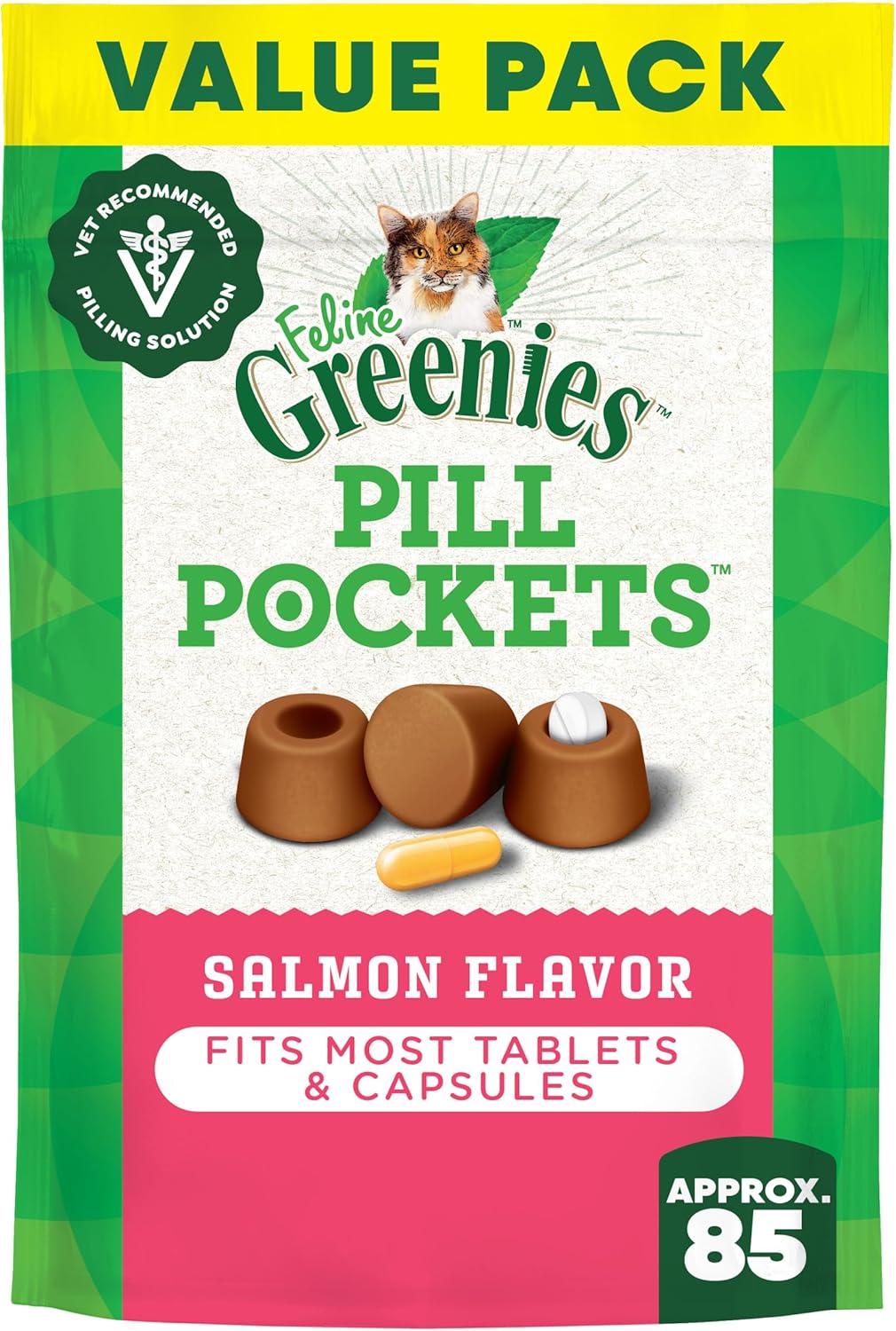 Greenies Feline Pill Pockets for Cats Natural Soft Cat Treats, Salmon Flavor, 3 oz. Pouch (85 Treats)