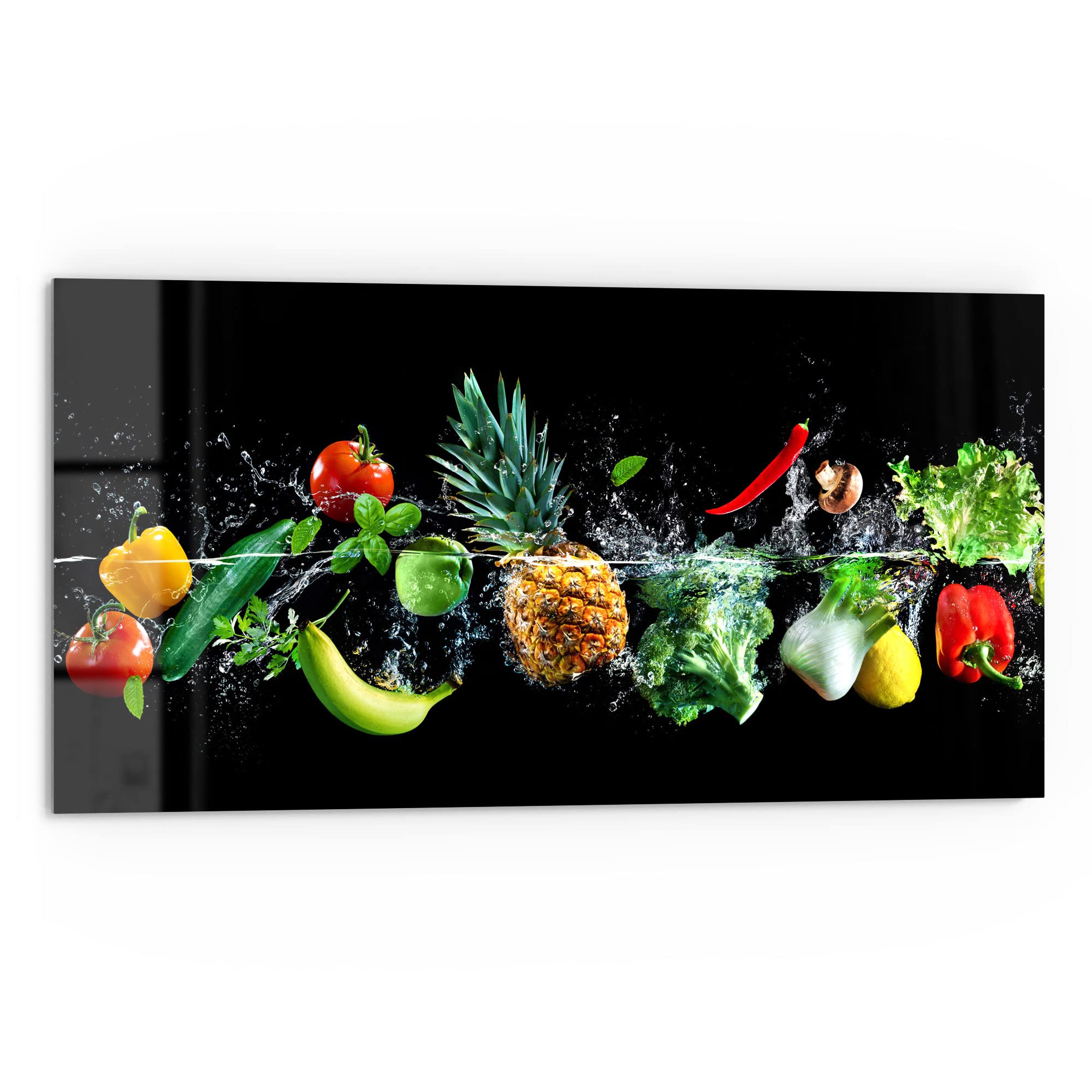 DEQORI Küchenrückwand Glas | Motiv Sauberes Obst und Gemüse | 80x40 cm | Bad- oder Herd-Rückwand | Herdblende Spritzschutz für Küche & Badezimmer | moderne Deko für Fliesenspiegel