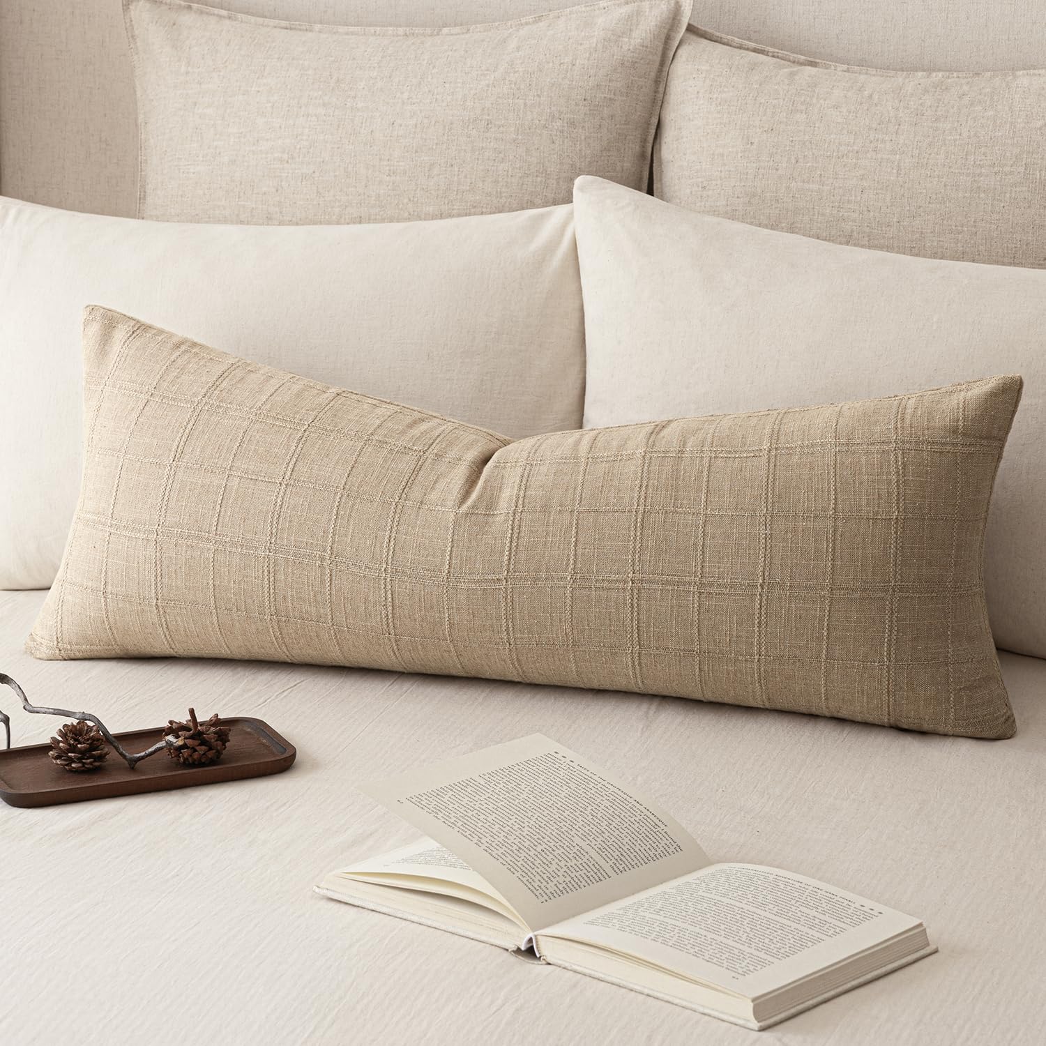 Foindtower Set of 1 Decorative Linen Check Throw Pillow Cover Neutral Farmhouse Lumbar Cushion Cover Soild Modern Coastal Boho Home Decor for Sofa Chair Couch Bedroom Living Room,14×36 Inch,Camel