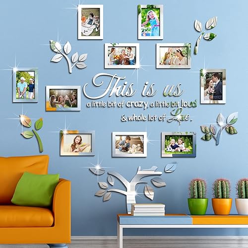 Yalikop Decoración de pared de árbol genealógico 3D, calcomanías de espejo de árbol genealógico, marco de fotos, acrílico, extraíble, arte de pared