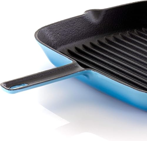 Miniatura 8 de Megachef Sartén de hierro fundido esmaltado con prensa de parrilla a juego, 11 pulgadas, azul