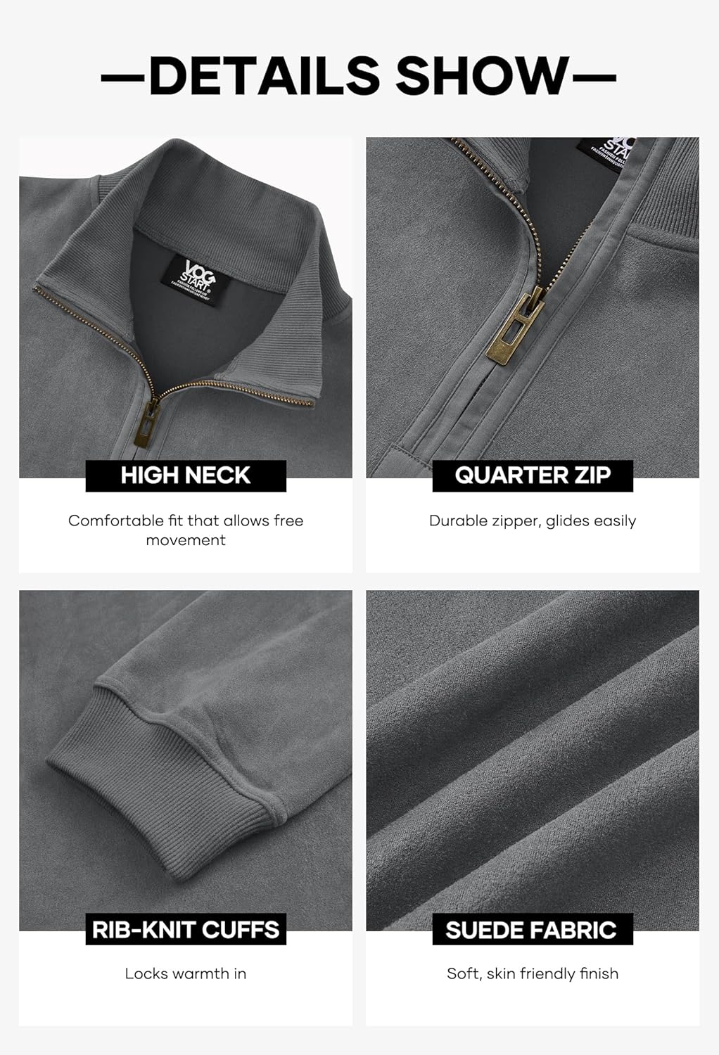 Mens Western Quarter Zip Pullover Midweight Mock Neck Suede Fabric Casual Sweatshirts (S-XXL) - Image 6