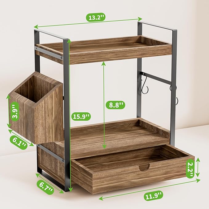 Organizador de Baño Kottwca 2 Niveles con Cajón, Canasta y Ganchos, Estante de Madera miniatura 3