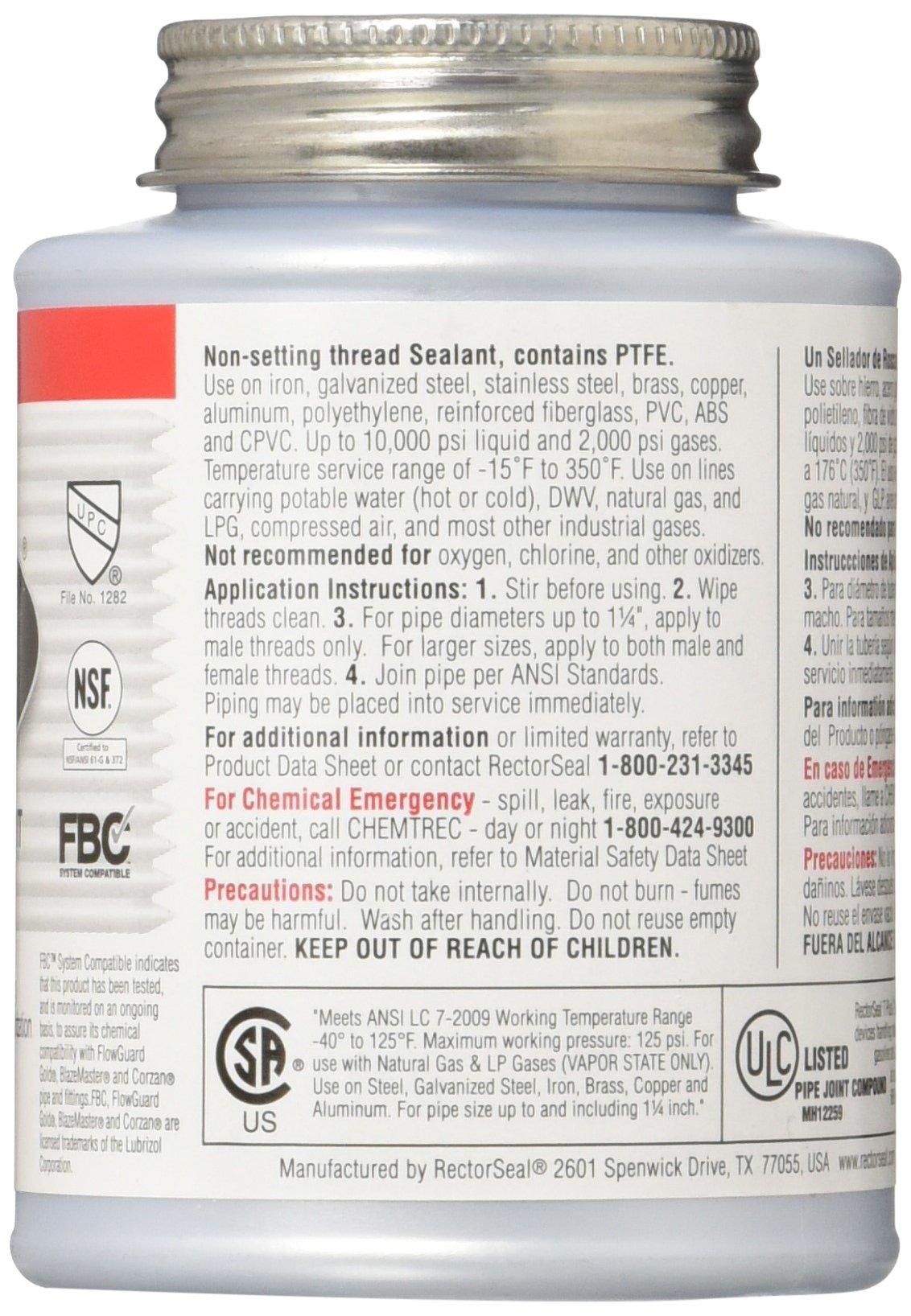 RectorSeal 23551 T Plus 2 Rohr Gewinde Dichtstoff mit PTFE, 1/2 PT Bürste Top