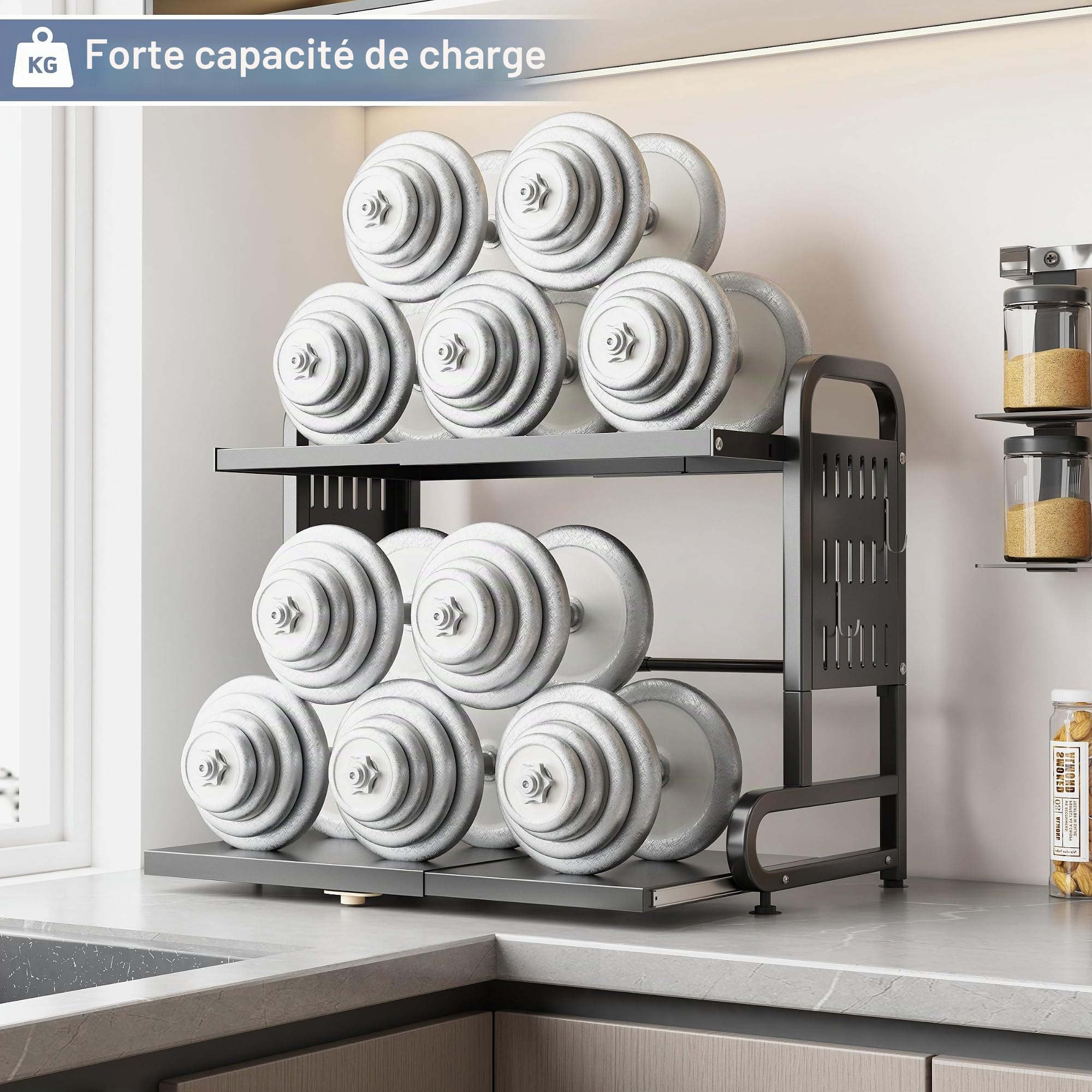 Étagère de Rangement Extensible pour Micro-Ondes, 2 Niveaux Étagère de Cuisine Réglable en Métal et 6 Crochets, Support pour Four, Microwave Oven Storage Rack (Noir)