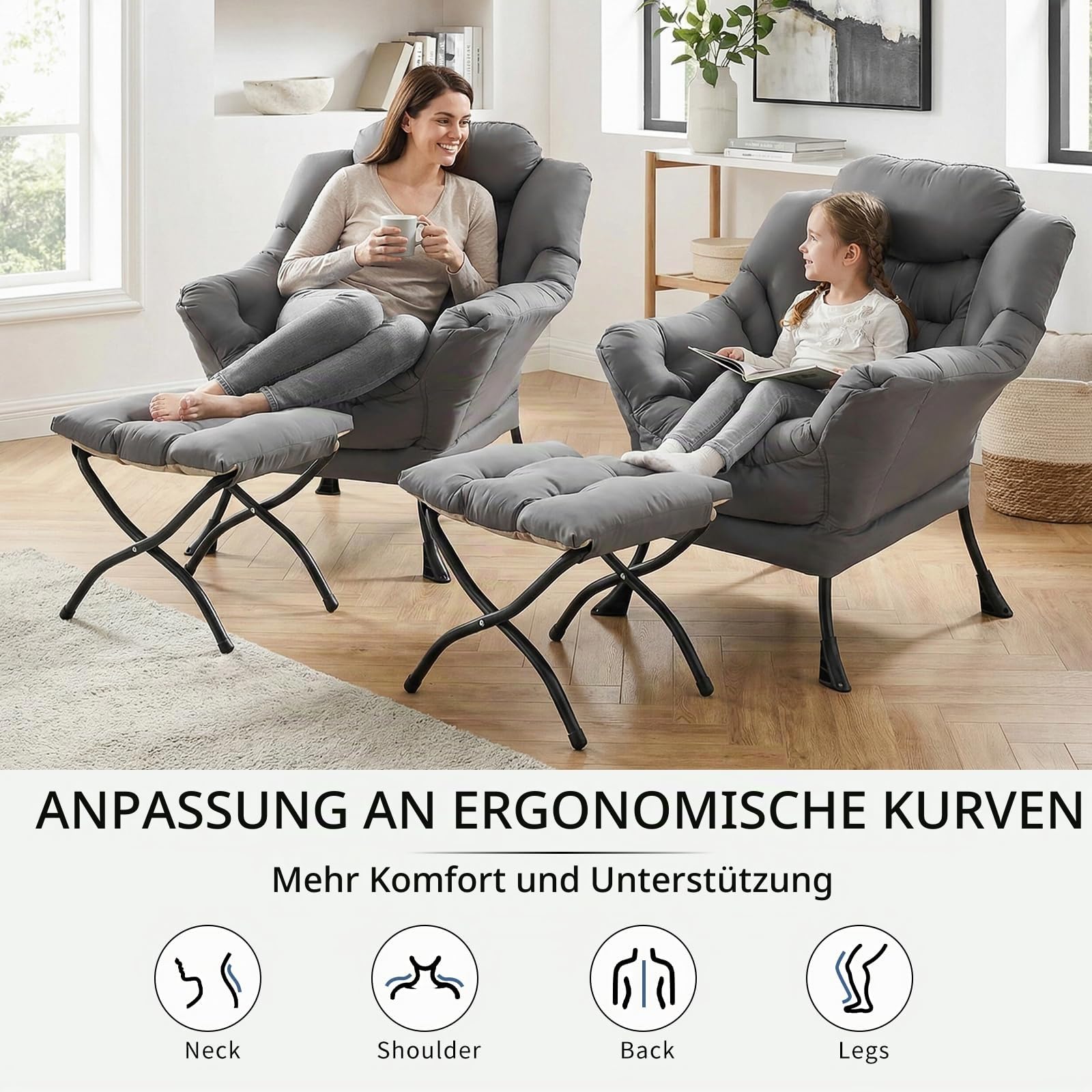 Clevich Relaxsessel mit Hocker, ergonomischer Sessel Wohnzimmer, Dunkelgrau