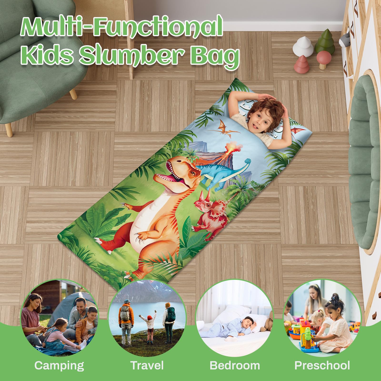 Schlafsack Kinder mit Kissen Abnehmbar, Warm Kinderschlafsack Doppelter Reißverschluss, Faltbare Deckenschlafsack für Camping, 150×60cm