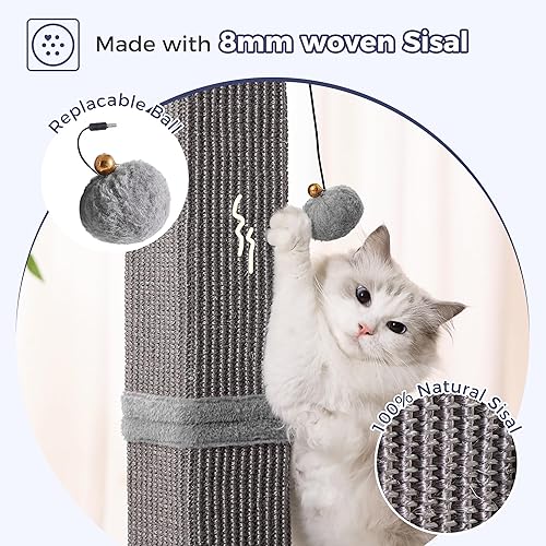 Miniatura 3 de Poste rascador grande para gatos con base resistente, poste rascador cuadrado resistente de sisal de 33 pulgadas y 2 bolas interactivas para colgar