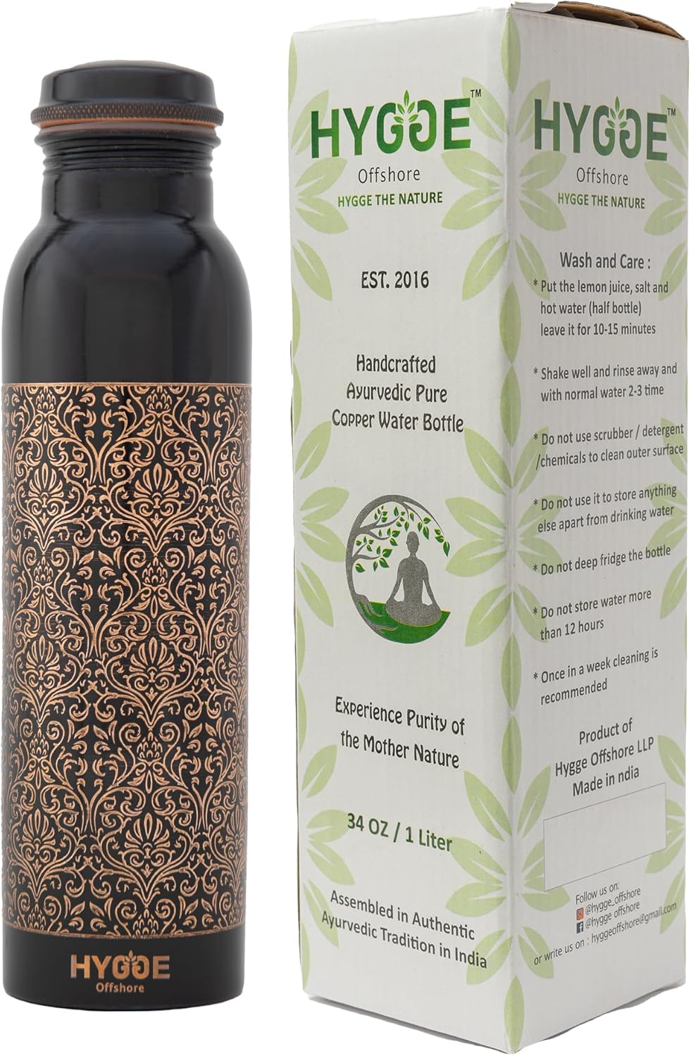 Hygge Copper Water Bottle 34Oz - Leak Proof - Ayurvedic Copper Bottle, Perfect Ayurvedic Copper Vessel For Sports, Fitness, Yoga - Natural Health Benefits - Engraved Antique D1