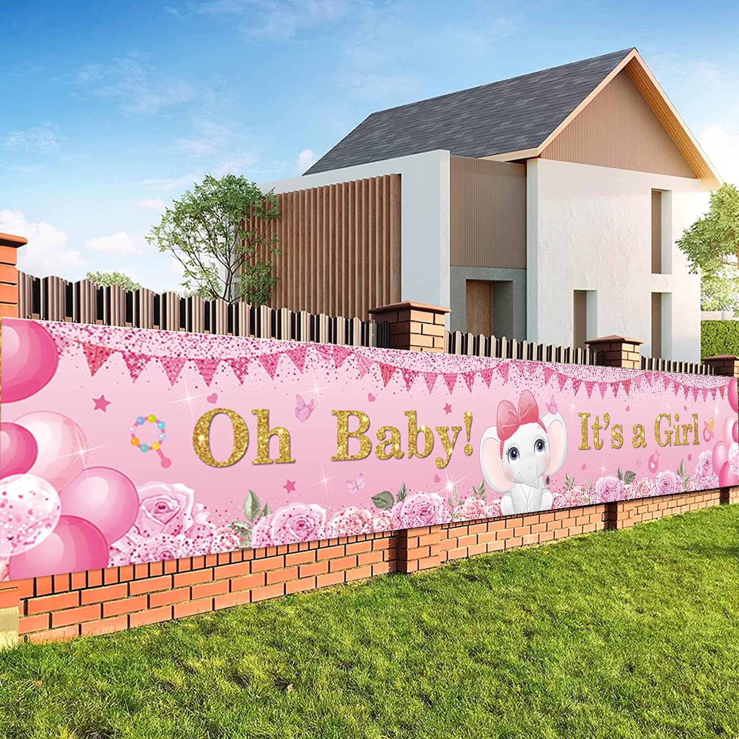 LOONELO Welcome Baby Shower Backdrop with 118"X19.6", Oh Baby It's a Girl Banner Sign, Long Size Welcome Baby Door Hanging Banner for Baby Shower