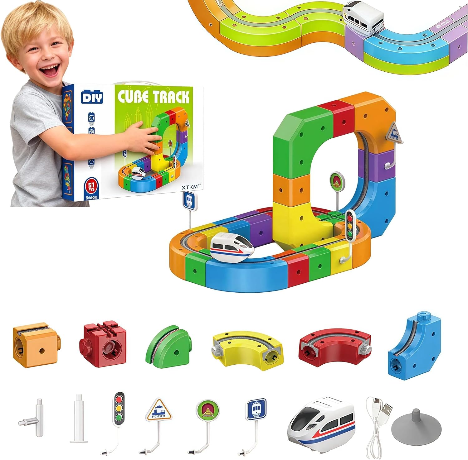 51PCS 3D Building Cube Track – Magical Track Train USB Rechargeable, DIY Race Car Track Building Kits with Signs,Rail Cube Magnetic Monorail, STEM Educational Toy for Ages 4-8 Boys Girls(1 Train)