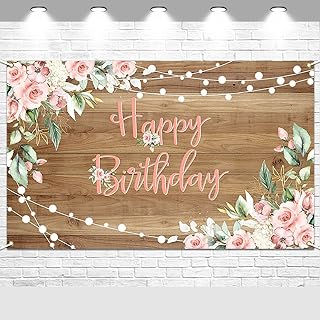 Avezano Rustic Wood Birthday Banner Happy Birthday Party Decorations Pink Floral Girls Women Banner Photo Booth Studio Props 70.8x43.3inch
