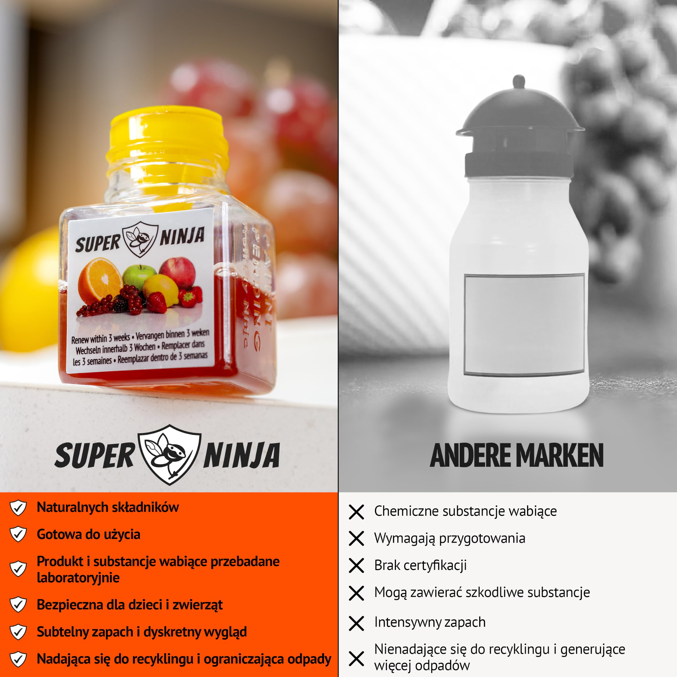 Super Ninja Pułapka na muszki owocówki do kuchni – 12 szt., naturalny płynny wabik, działanie do 3 tygodni, bez toksycznych składników