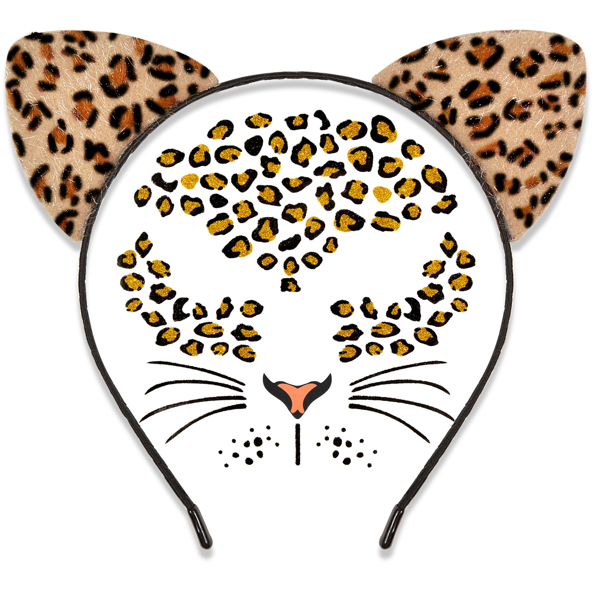 Cheetah Ears Headband with Temporary Tattoos, Leopard Ears Headband & Leopard Face Stickers Tattoos Cheetah Costume for Adult Women, Halloween Animal Ears Headband Cat Ears Costume Accessories