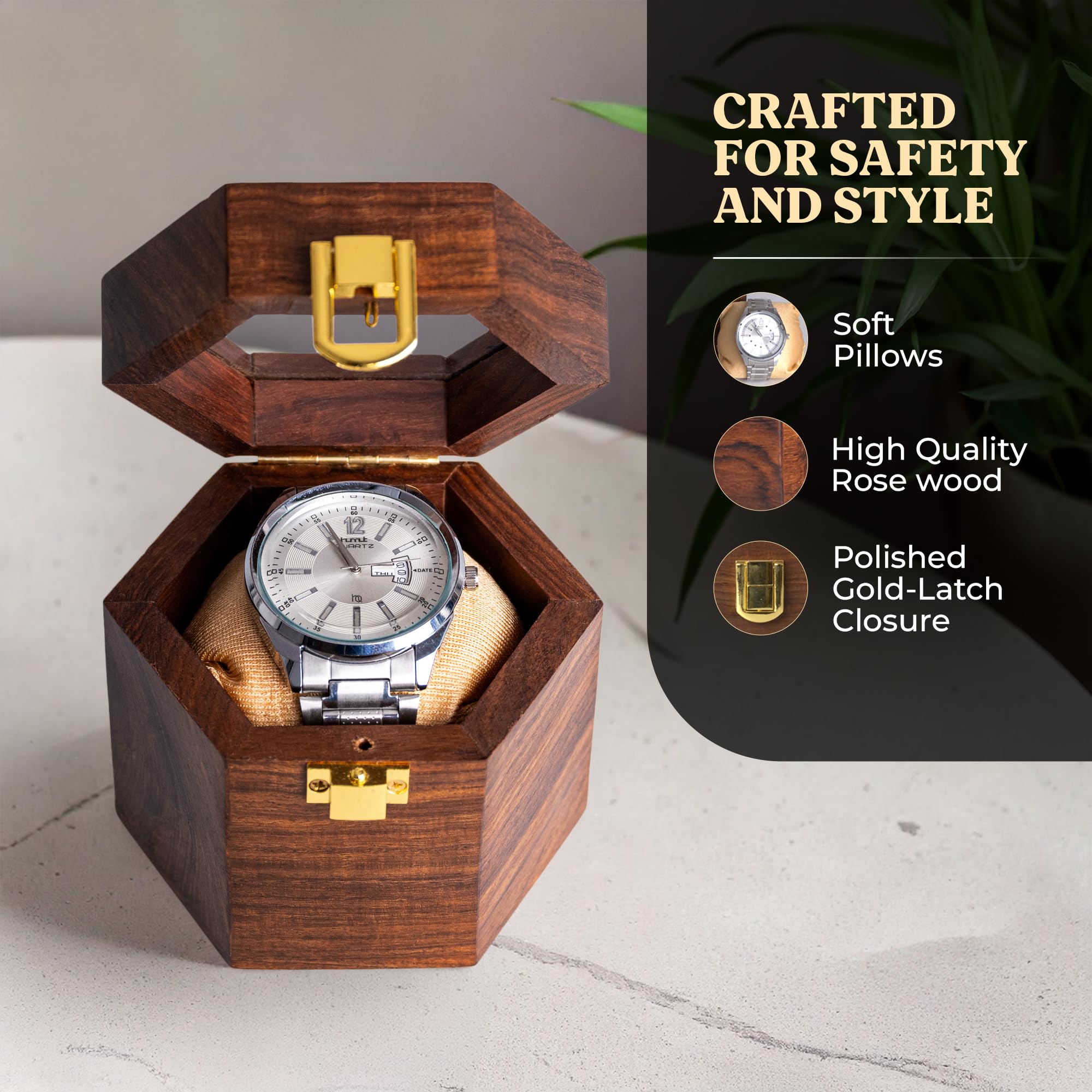 Wooden Watch Box for Men | Premium Cushion – Dark Rosewood Watch Organizer Case with Glass Display Lid, Single Slot Travel Watch Storage Box, Watch Holder Gift for Him