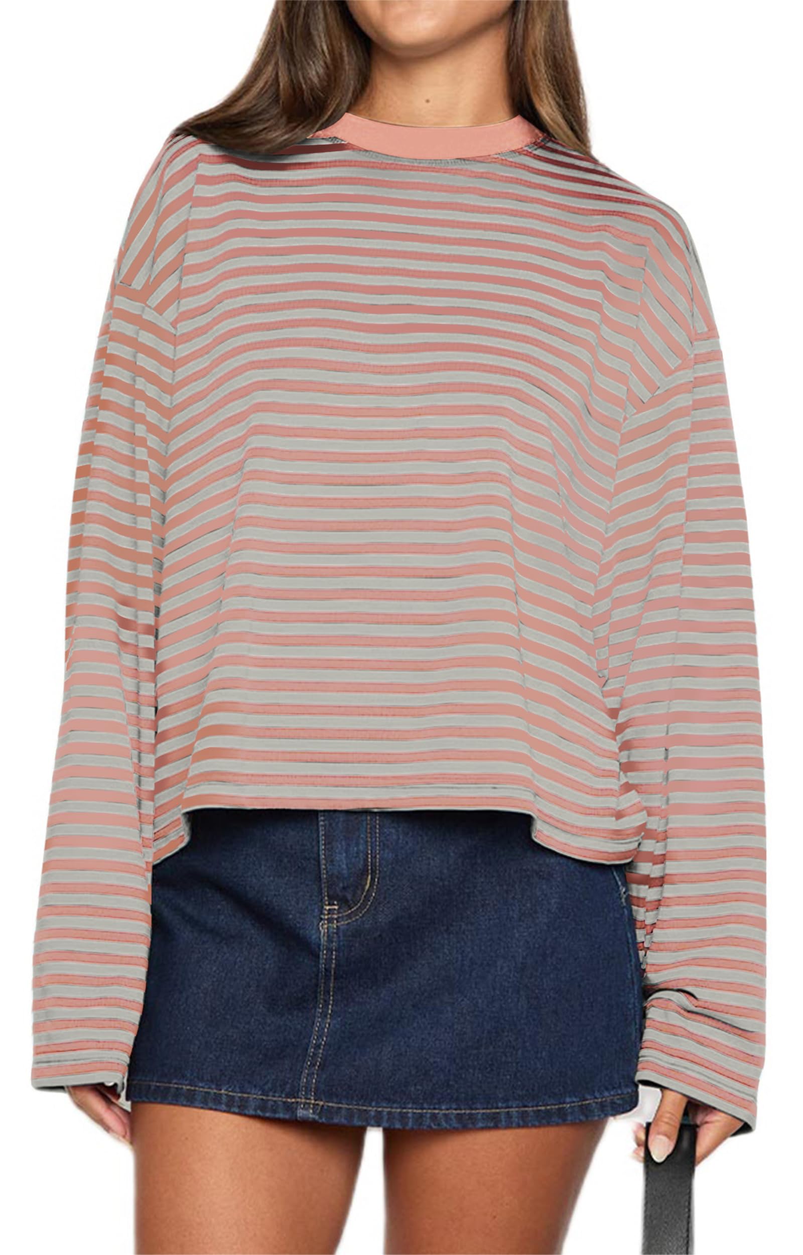 Femme Manches Longues à Rayures T-Shirt Pull à col Rond Sweatshirt Ample décontracté pour Printemps été - 3