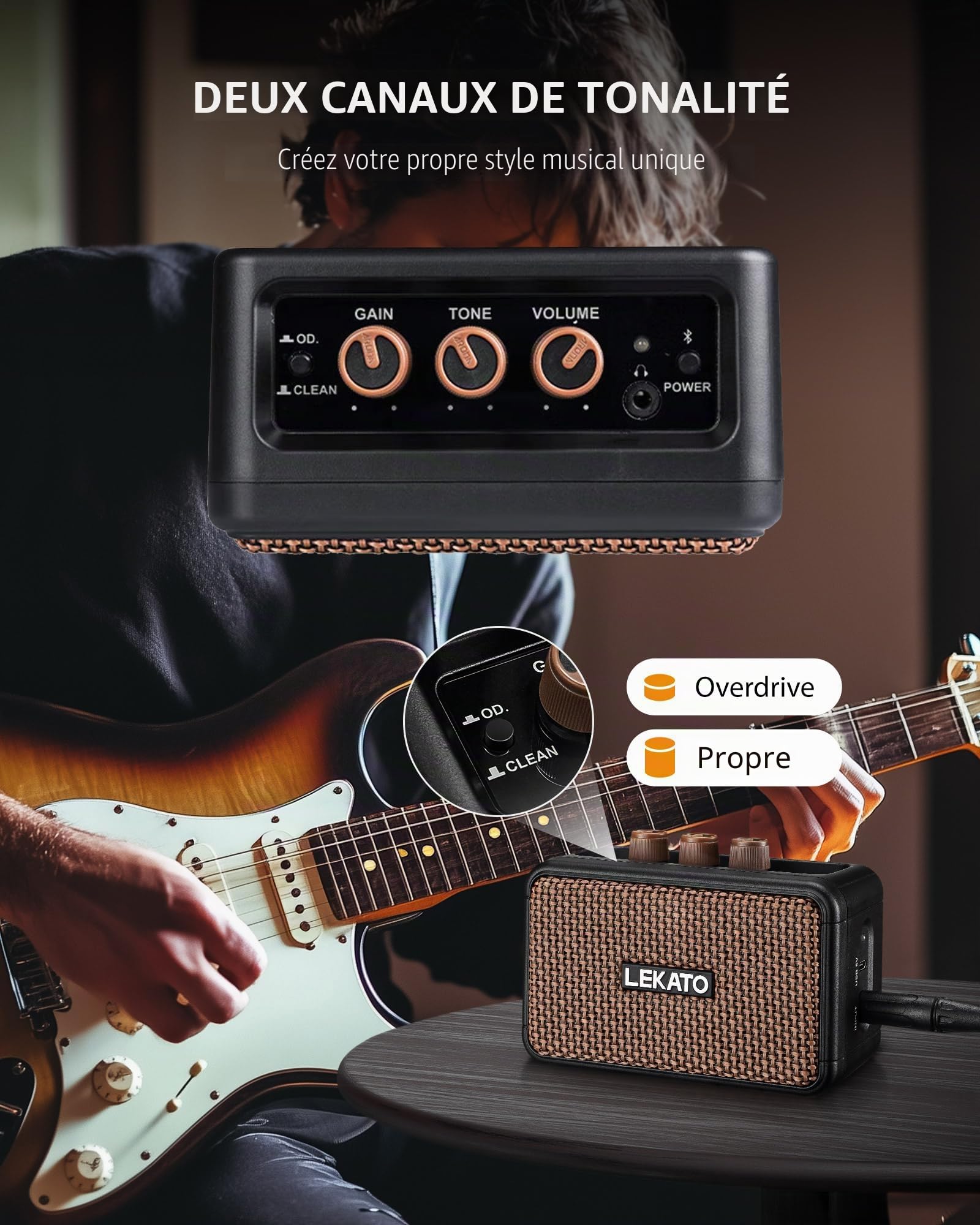 Mini ampli Guitare, amplificateur électrique Rechargeable LEKATO 5 W avec Effets Clean/Overdriver, ampli Portable Bluetooth 5.0 pour s'entraîner à la Maison et Les réunions Musicales