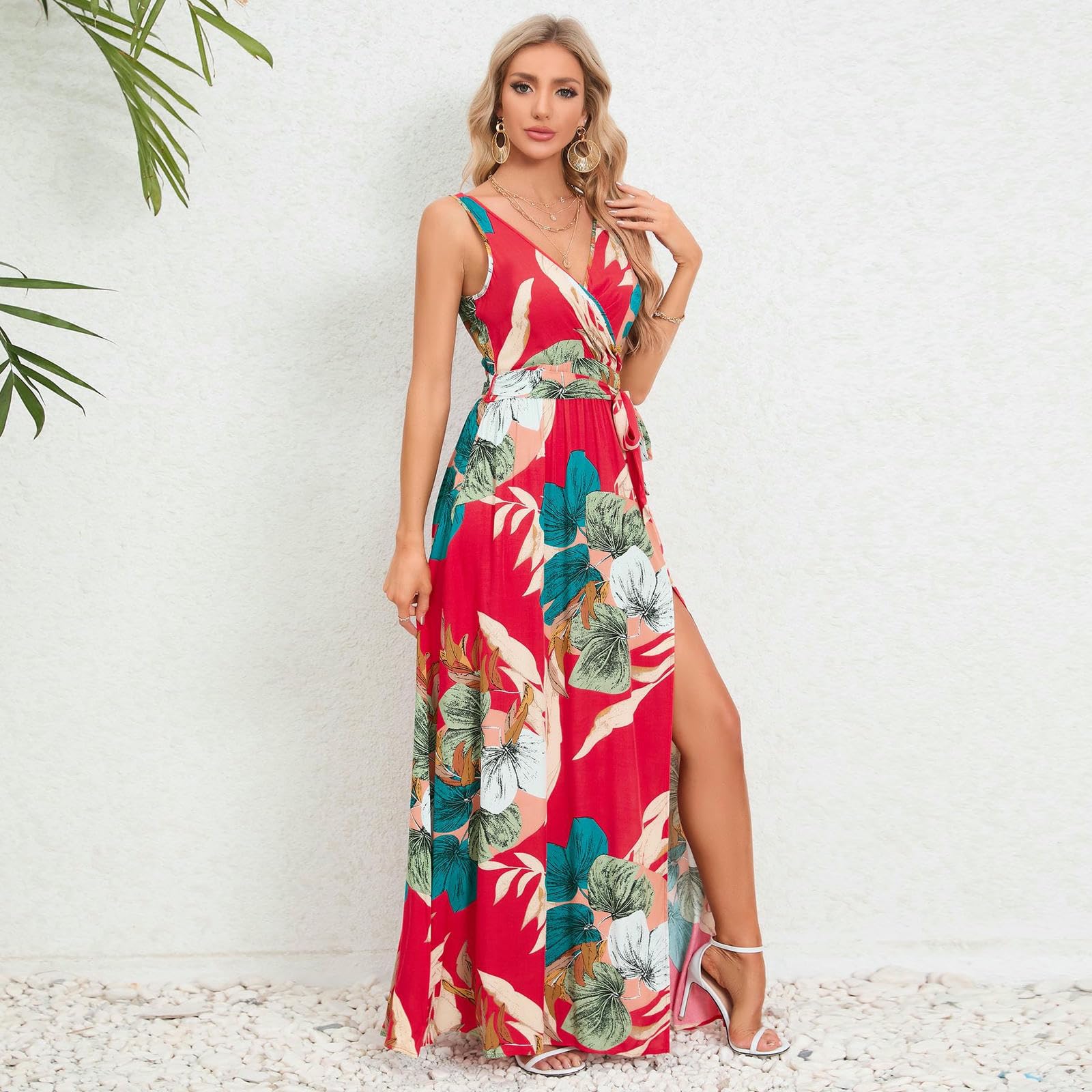 Vestito Donna Elegante Abito Estivo delle Donne con Scollo A V Bretelle Senza Maniche Stampa Fessura Stile di Vacanza Cravatta Vita Alta da Spiaggia-Bianco-l