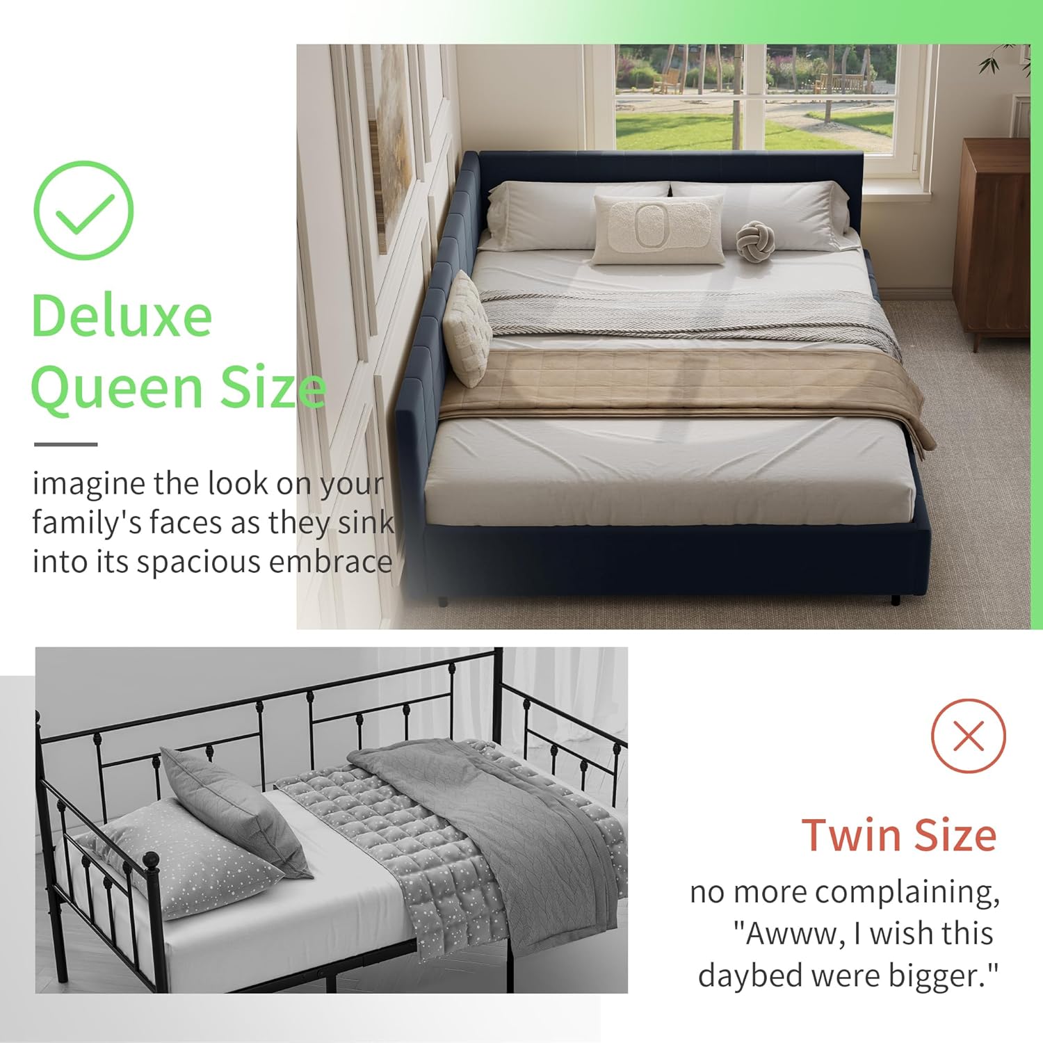 Queen Size Wood Daybed with 2 Drawers, Modern Elegant Velvet Upholstered Padded Grid Pattern Bed Frame with Spacious Under Bed Storage, No Box Spring Needed, Easy Assembly, Navy Blue