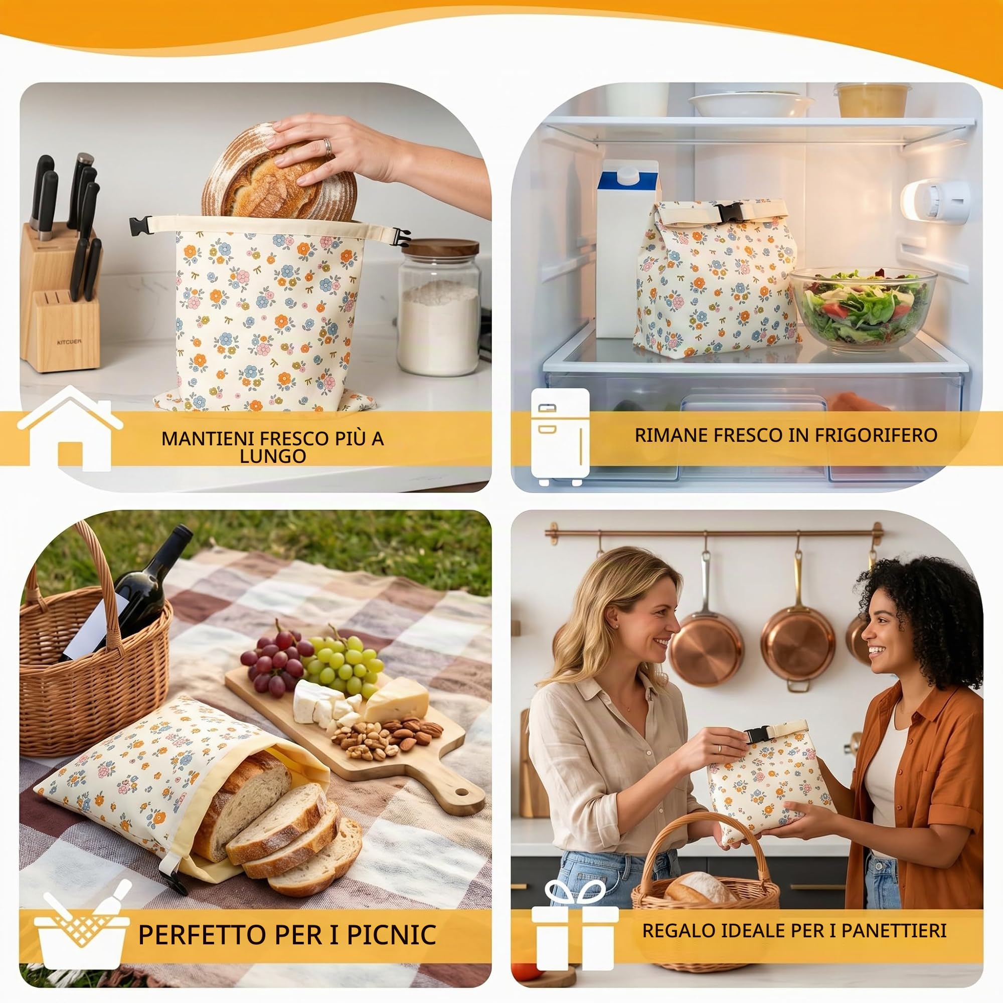 Set da 2 Sacchetti per Pane in Cera d'Api Riutilizzabili 43.2x33cm,Buste in Cotone Rivestito Naturale con Cerniera,Per Pane Fatto in Casa,Prodotti da Forno,Frutta e Verdura,Conservazione Alimenti