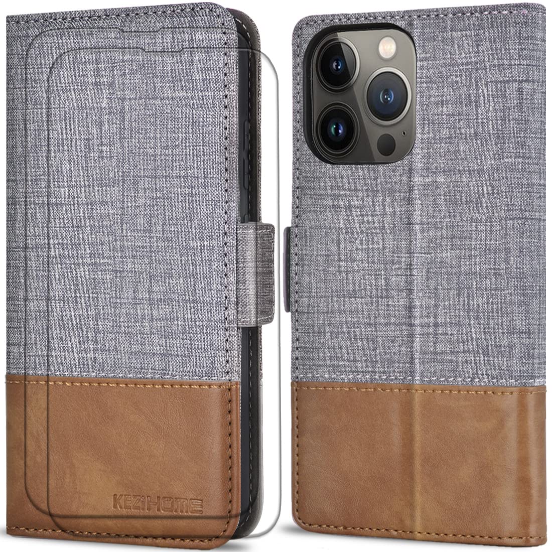 KEZiHOMEiPhone 13 Pro Max Case, PU Leather Wallet [Tempered Glass Screen Protector ][RFID Blocking][TPU Shockproof][Kickstand] Flip Cover Compatible with iPhone 13 Pro Max 5G (6.7) (Gray/Brown)