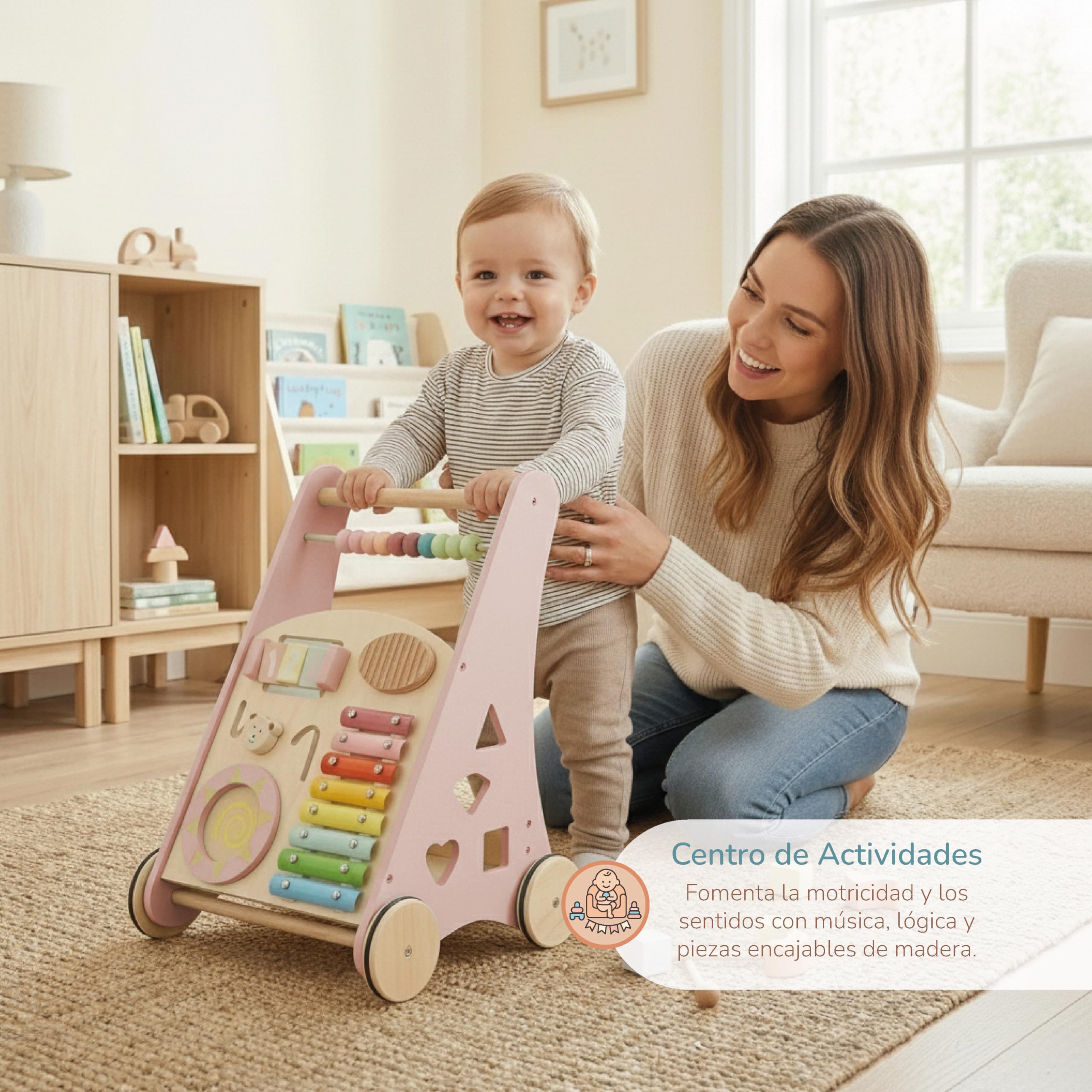 Buddy Baby Montessori- Wózek dziecięcy drewniany - Wózek biegowy do pierwszych kroków z zabawkami i zajęciami - Wózek spacerowy dla dziecka +12 miesięcy (Laponia/Róża)