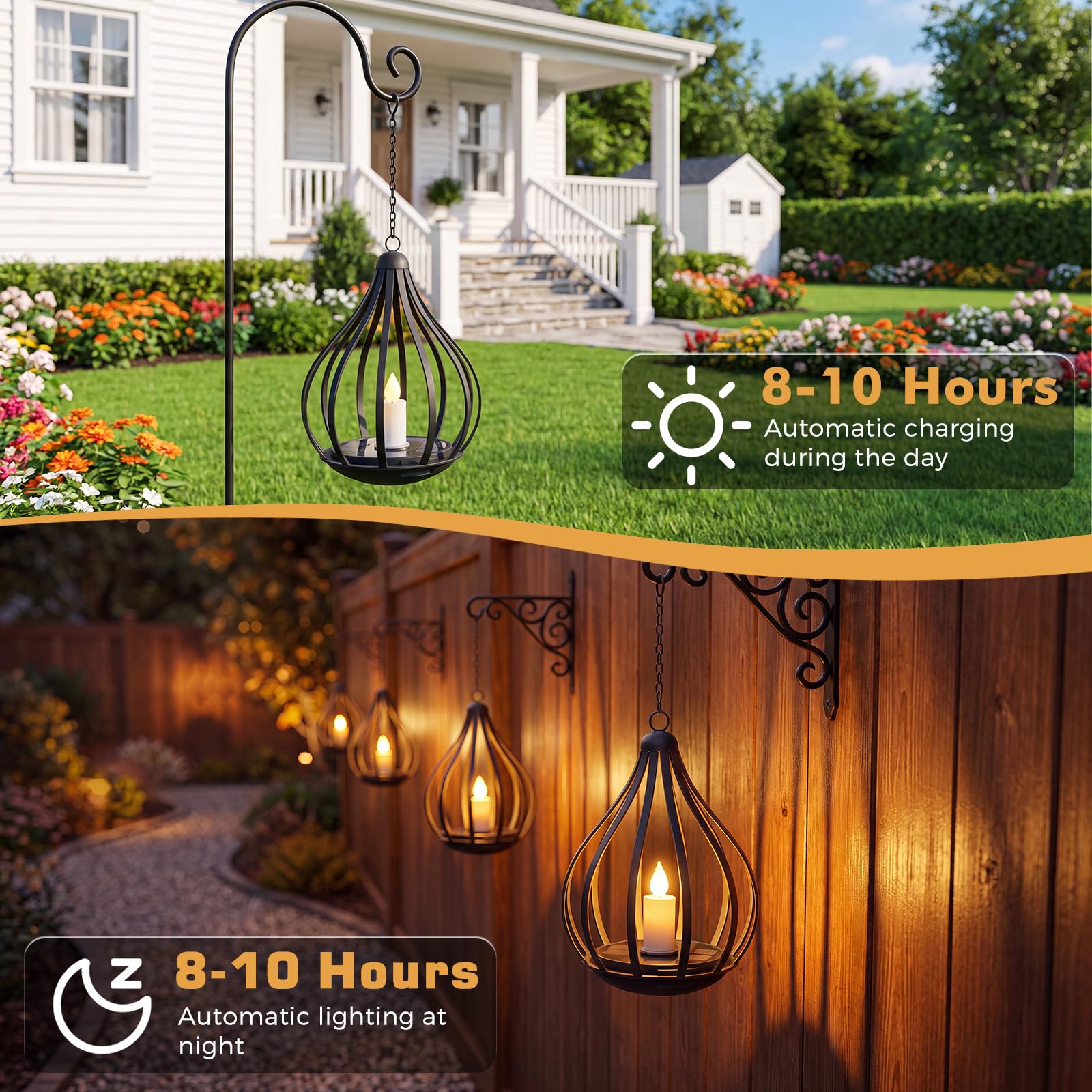 Solarlampen für Außen Hängend, 4er Set Metall Solarlaterne mit Flackernde Flamme, IP65 Gartendeko Wetterfest, Solarleuchten Garten mit Haken und Kette für Balkon Terrasse Tischdeko Halloween
