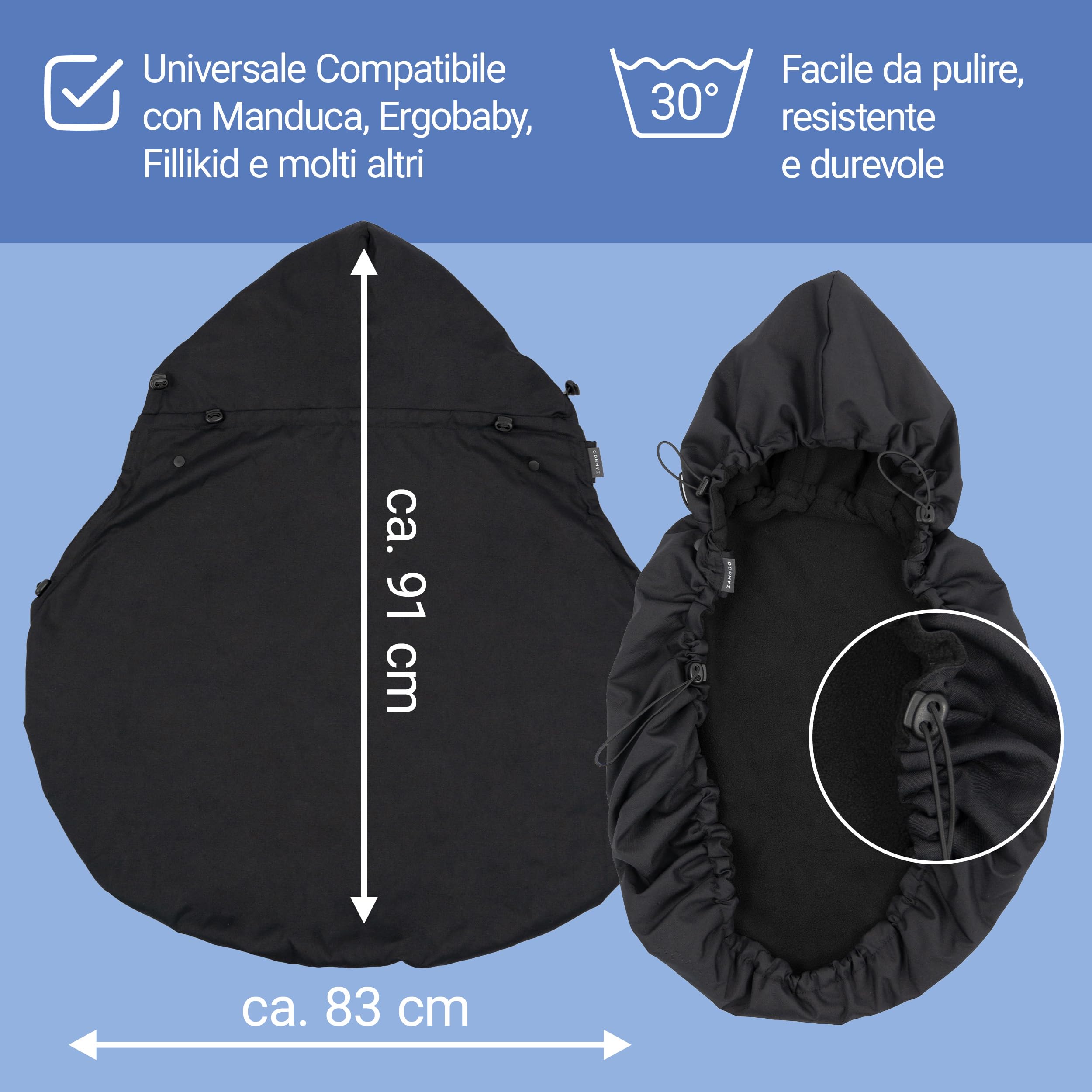 Zamboo Copri Marsupio Neonato Universale | Protezione Antivento in Caldo Pile, Compatibile con molti marsupi frontali | Certificata OEKO-TEX Standard 100 – Nero