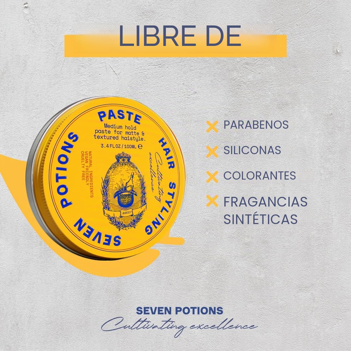 Seven Potions Pasta para peinar el cabello para hombre, 100 ml, tamaño mediano, flexible, acabado mate y texturizado, fácil aplicación, natural, vegano, libre de crueldad