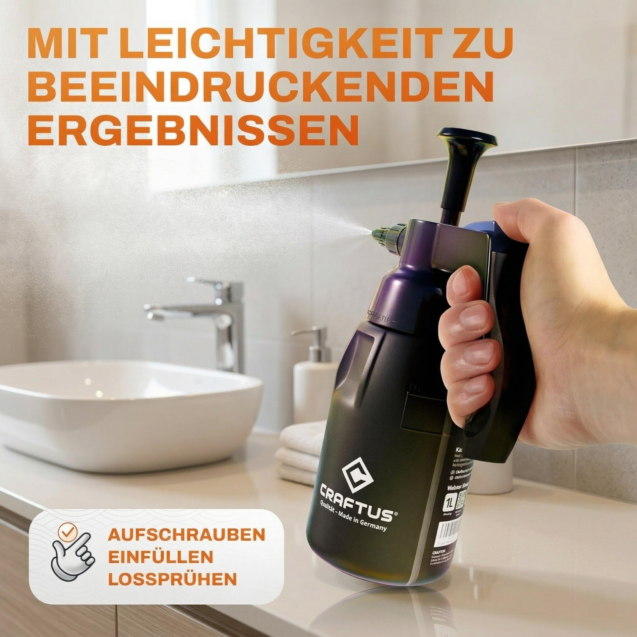 CRAFTUS® Drucksprüher 1L für gleichmäßige Verteilung von Flüssigkeit I Pumpsprühflasche für den Haushalt [EPDM] I Pumpflasche mit Überdruckventil & Verstellbarer Düse