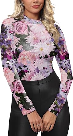 DITOK Lace Floral Mesh Long Sleeve Top for Women Sheer Blouse with Ruffle Hem Going Out Tops for Women Spring Outfits