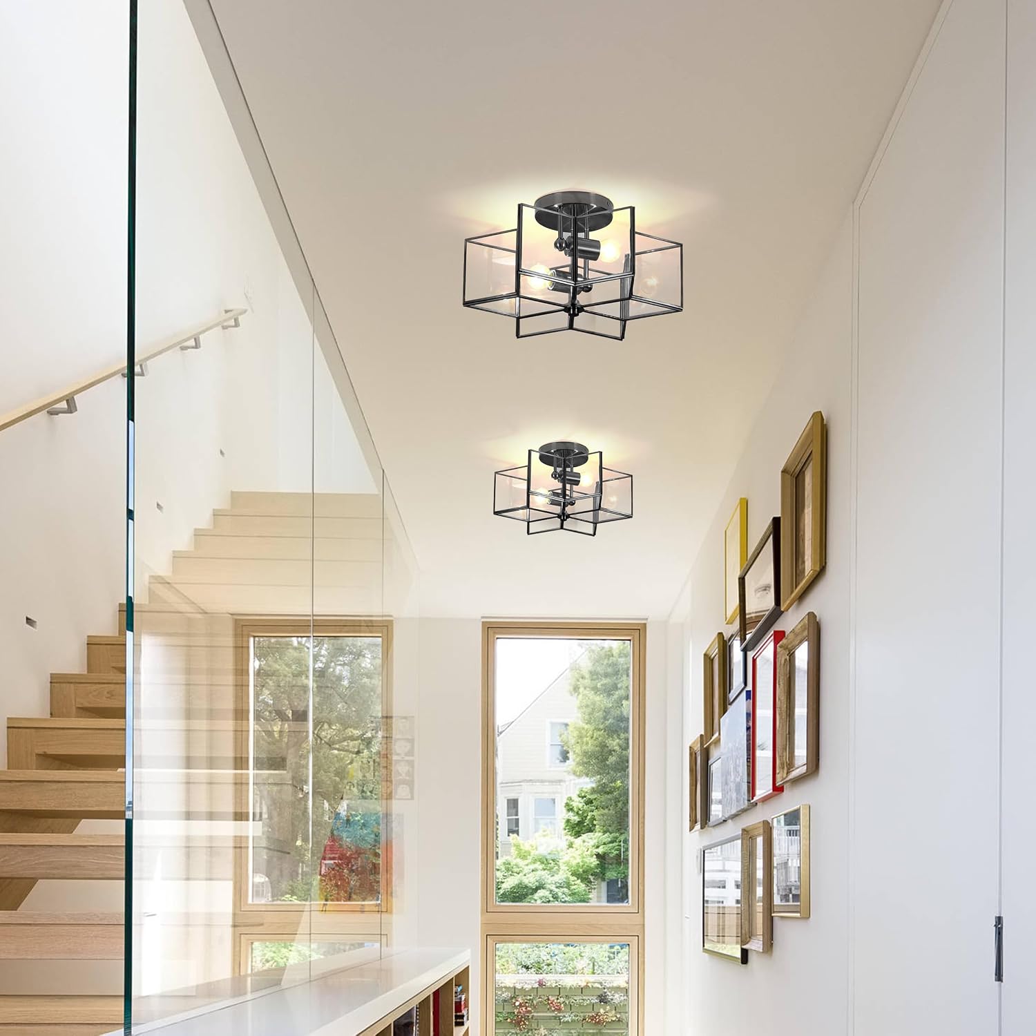 16.3”Star Semi Flush Mount Chandeliers,Brass Star Light Fixture,2-Lights Close to Ceiling Light Fixtures for Bedroom,Dining Room,Kitchen,Office (Black-Hexagon)