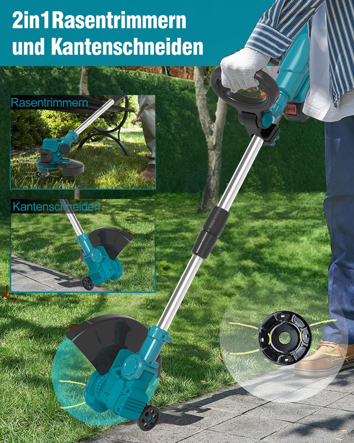 Rasentrimmer mit Akku Für Makita, 4 in 1 Akku Rasentrimmer Mit 4 Arten Klingen Und 2 Akku, 21V Bürstenloser Akku Freischneider Mit Seitlichen RäDern FüR Einfaches Trimmen Der Kanten. (Blue)