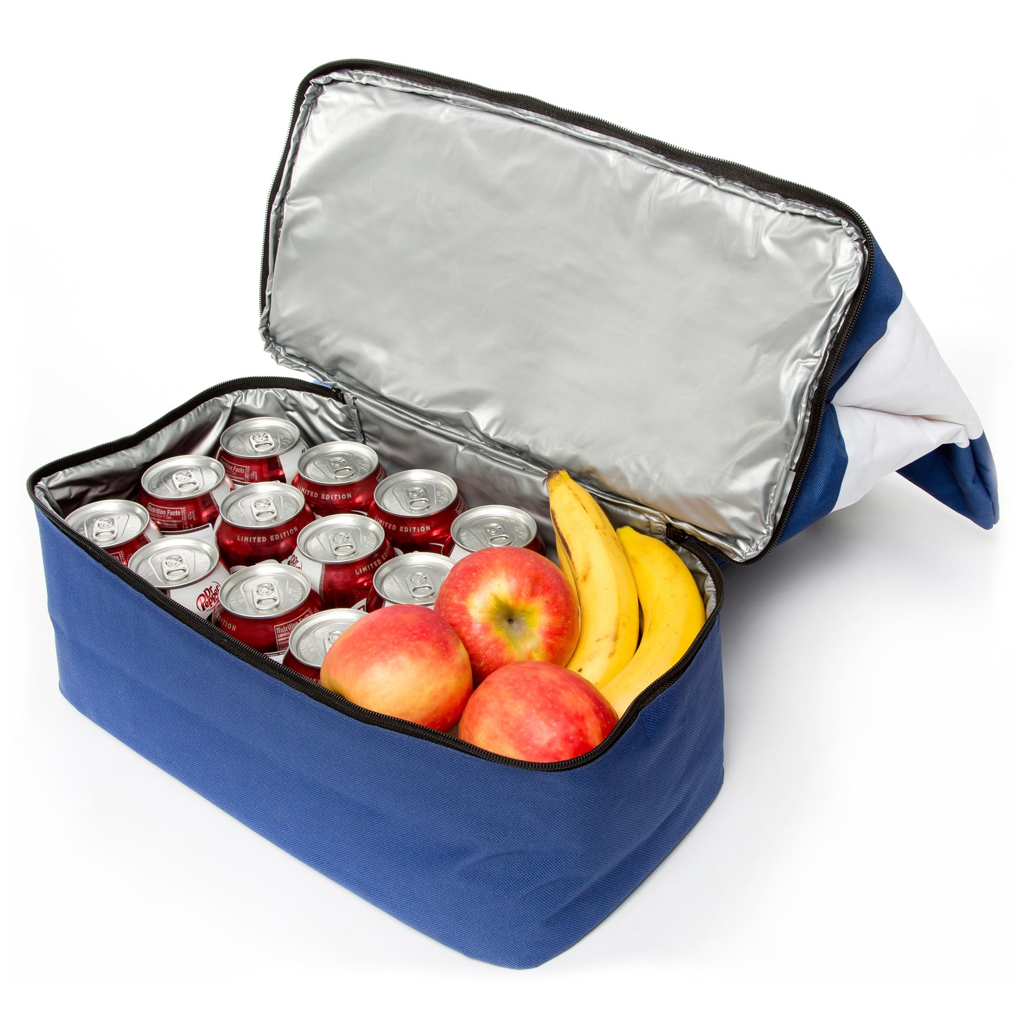 große XXL Strandtasche mit Reißverschluss und integrierter Kühltasche, wasserabweisende Familien Picknicktasche im Marine-Look für Urlaub, Picknick und Shopping (Blau-Weiß)