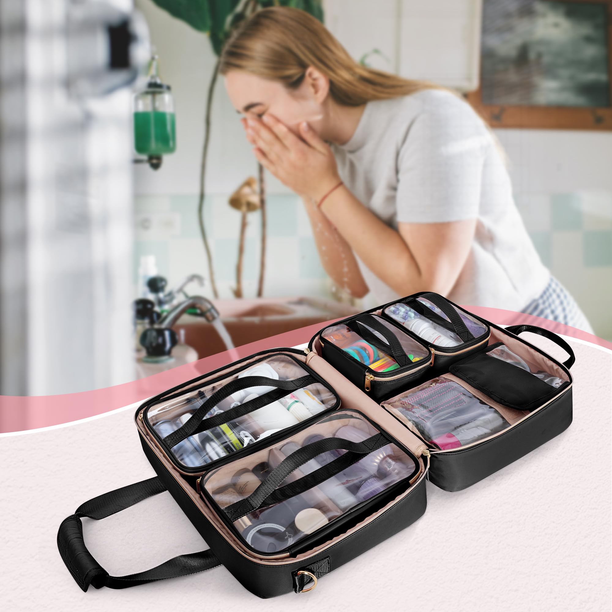 Neceser extragrande para mujer con 4 estuches individuales, bolsa organizadora de maquillaje de viaje grande con bolsillo para herramientas para el cabello y compartimento para brochas de