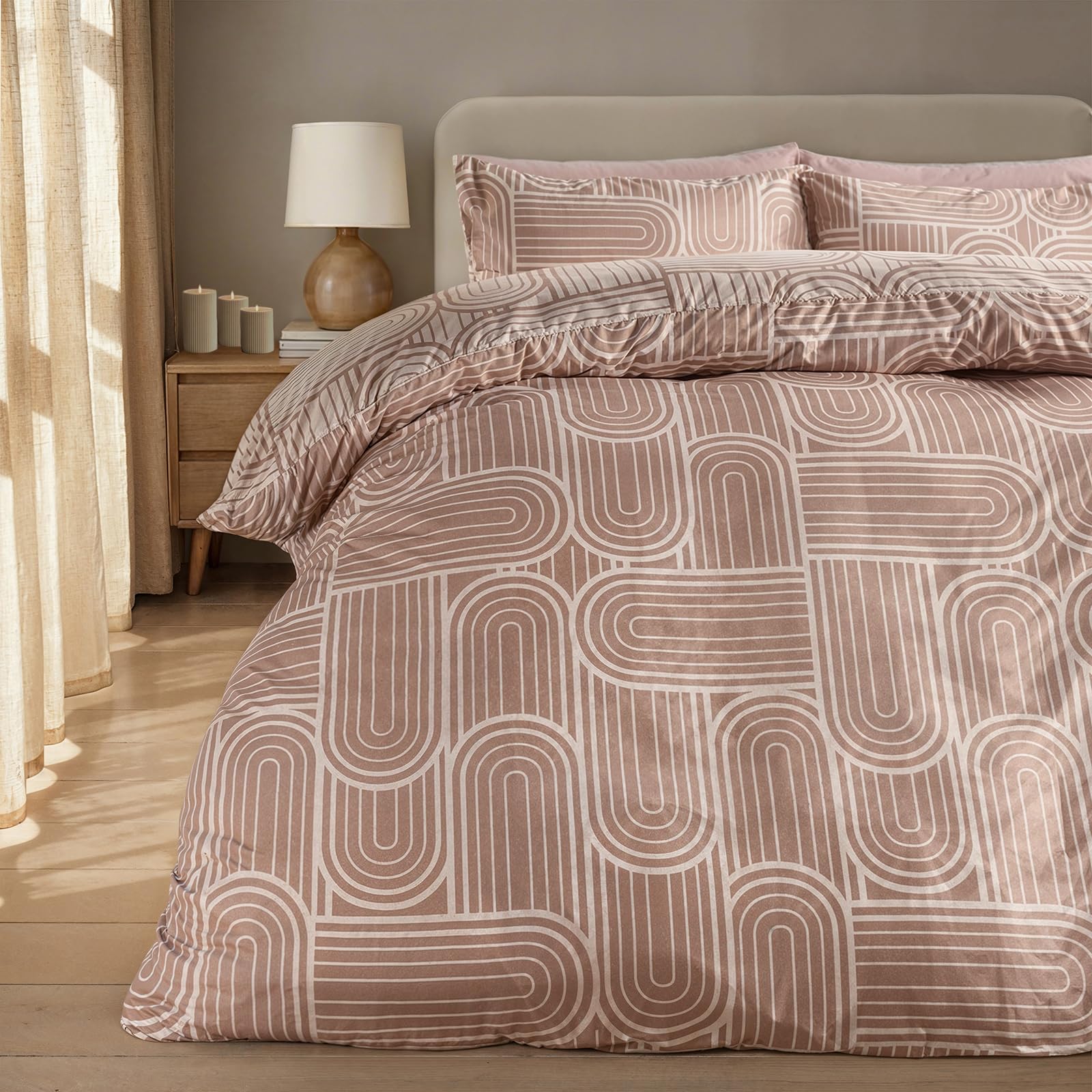 Ohs Natural/Stone King Size Duvet Set Reversible, Super Soft Cosy Warm Microfibre Polyester Stylish Arches Print King Size Bedding Contemporary Comfy Quilt Cover Set With Pillowcases,