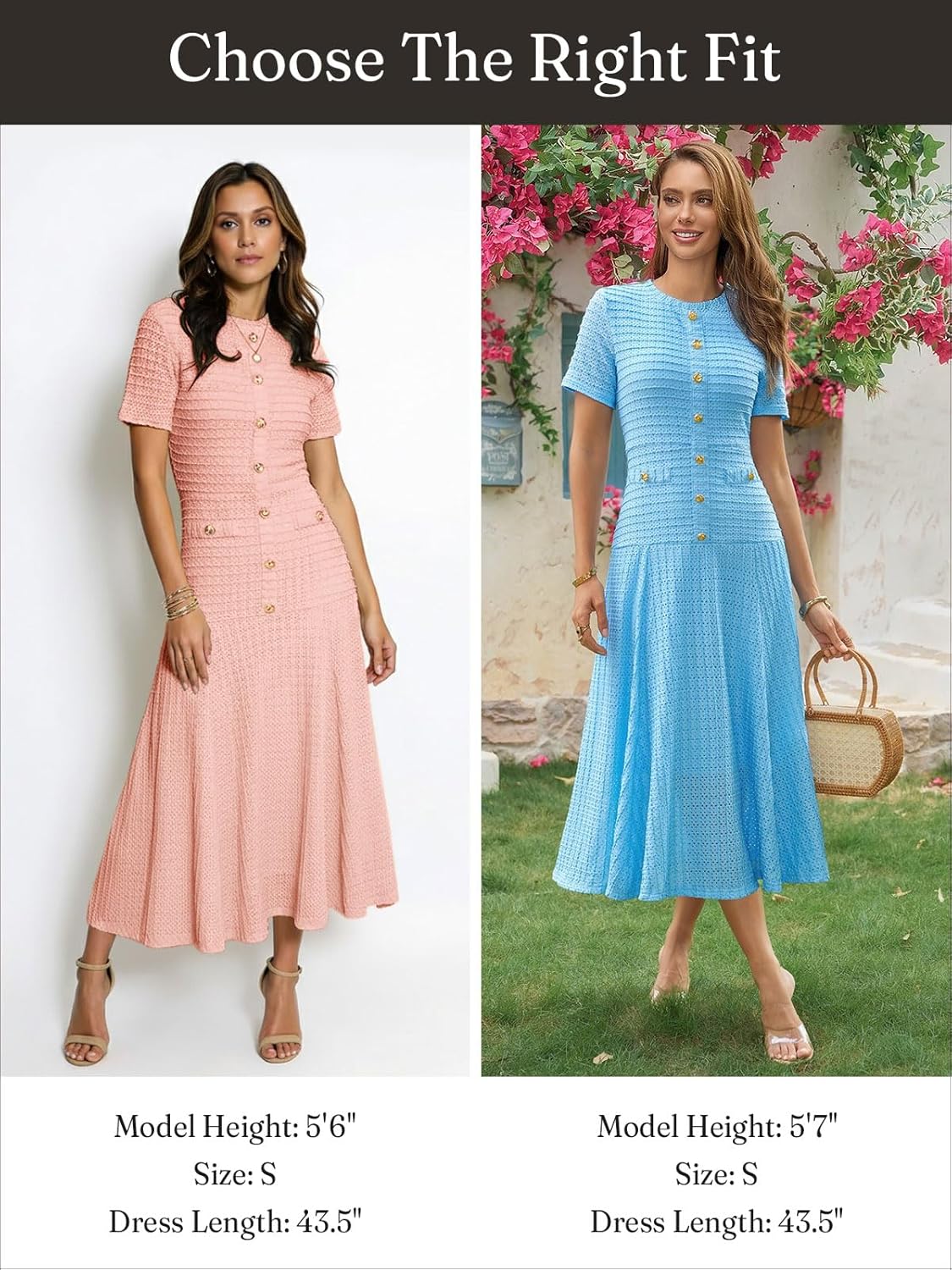 Wenrine Womens Midi Dress Summer Casual Short Sleeve Crewneck Button Decor. Textured Slim Fit A Line Dresses - Image 6