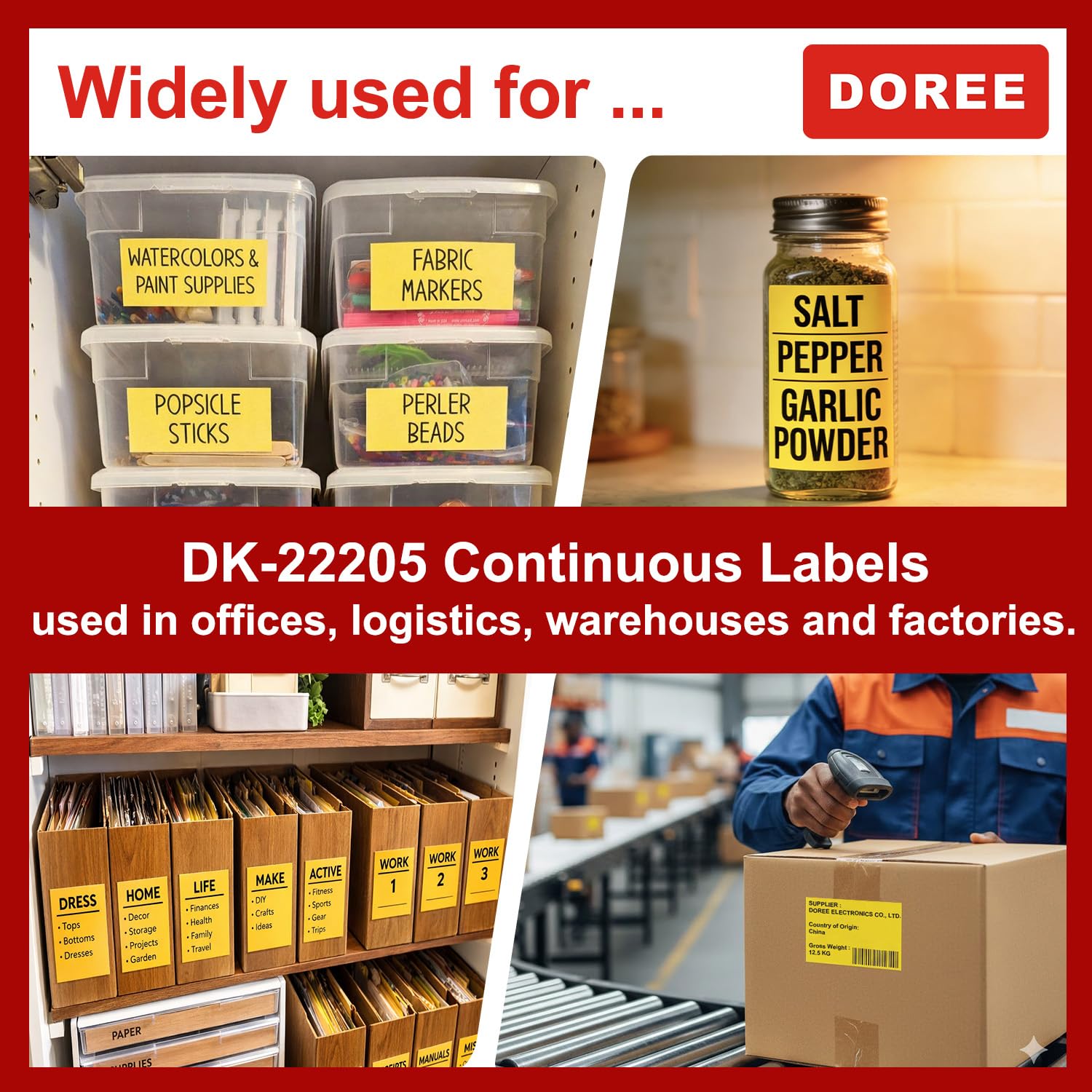 DOREE 4 Rollen DK-22205 gelbe Endlosetiketten, kompatibel mit Brother DK-22205, 62 mm x 30,48 m, geeignet für Brother QL-500, QL-550, QL-570, QL-580N, QL-700, QL-800, QL-1060N, QL-1100