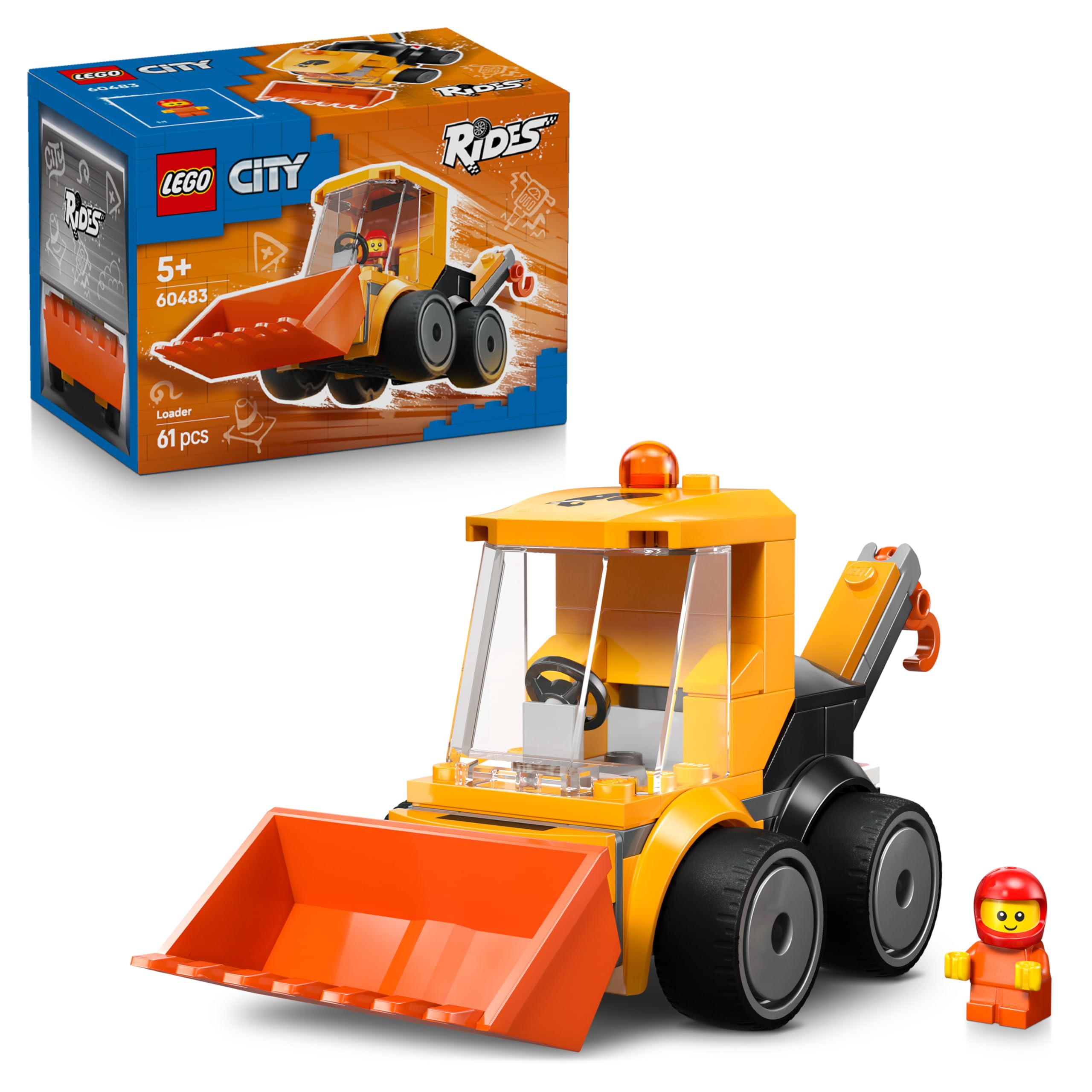 LEGO City Rides - Construction Loader Toy - Excavator Building Set w/a Worker Junior Minifigure - Party Bag Fillers - Small Collectible Gift for 5+ Year Old Boys - 60483