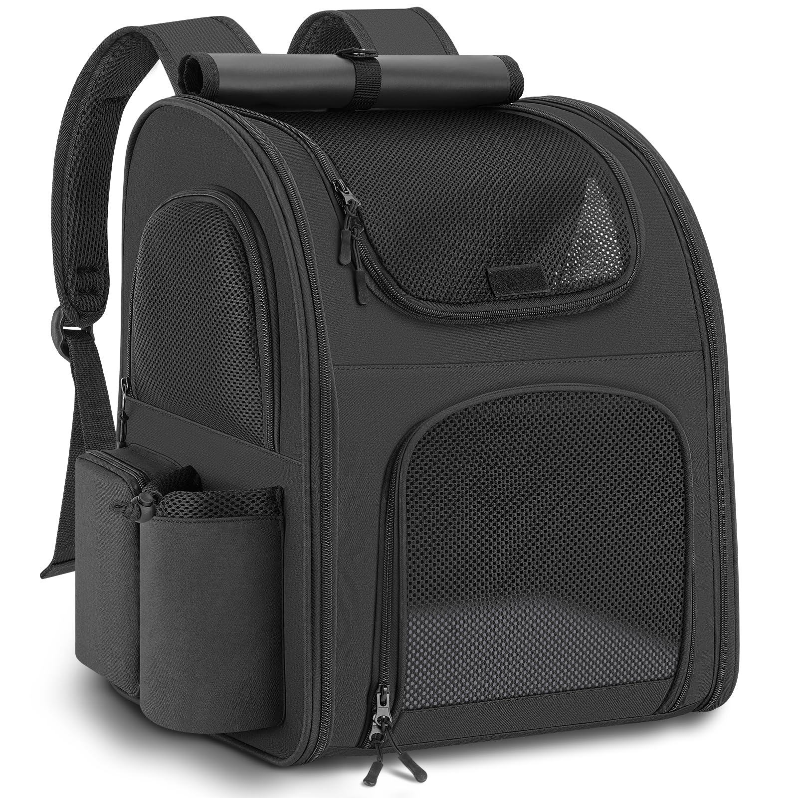 Zaino per Cani Gatti, Grande Zaino Gatto Cane 10 kg, Traspirante Zaino Porta Cane Gatto con Finestra a Rete, Zaino Trasportino Cani Gatto con Guinzaglio Interno e Tappetino per Viaggi - Nero