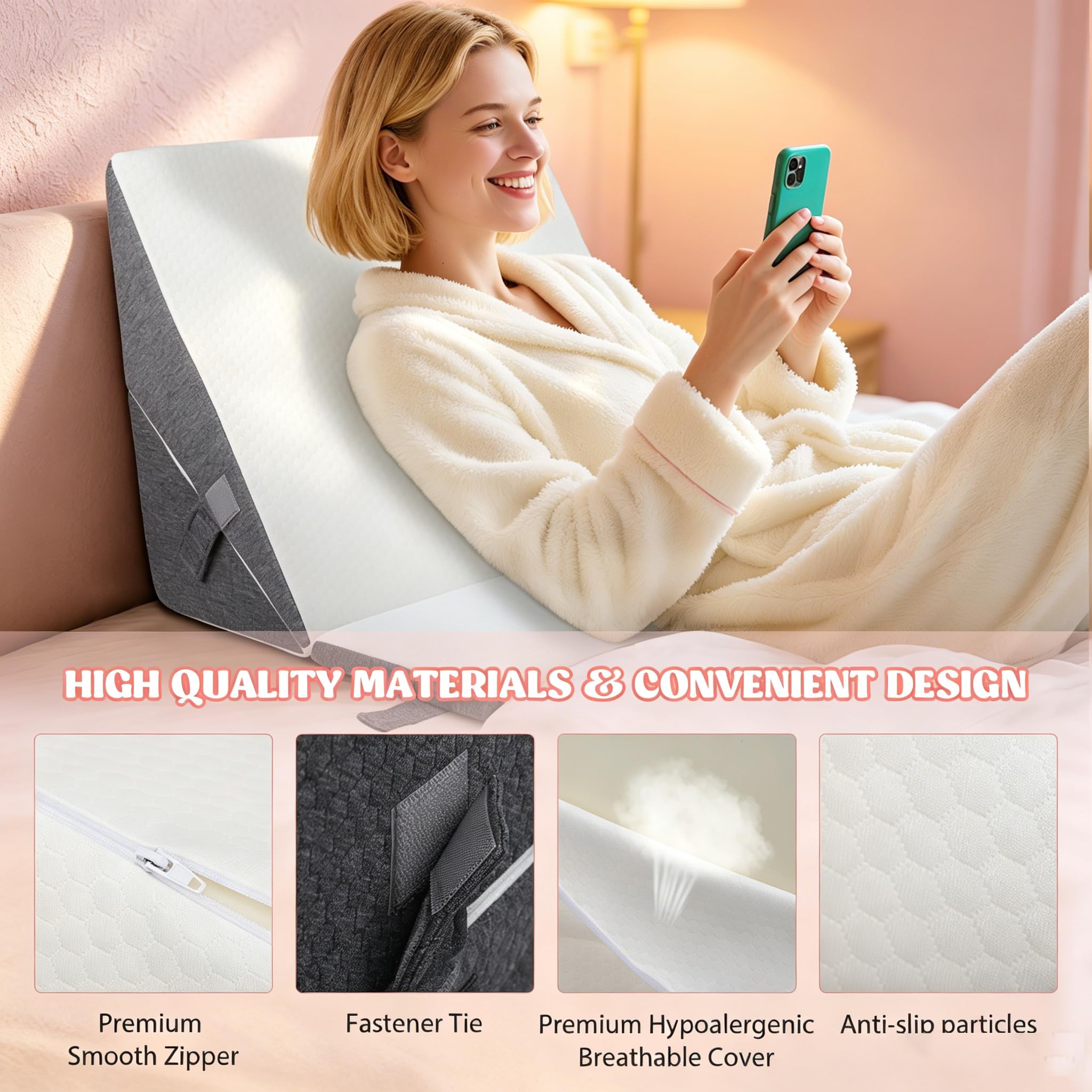 Cojín ajustable en cuña, 3 unidades, espuma de alta densidad para cama y sofá, cuña ergonómica para apnea del sueño por reflujo, almohada para piernas, cojín de espalda para leer, jugar o ver