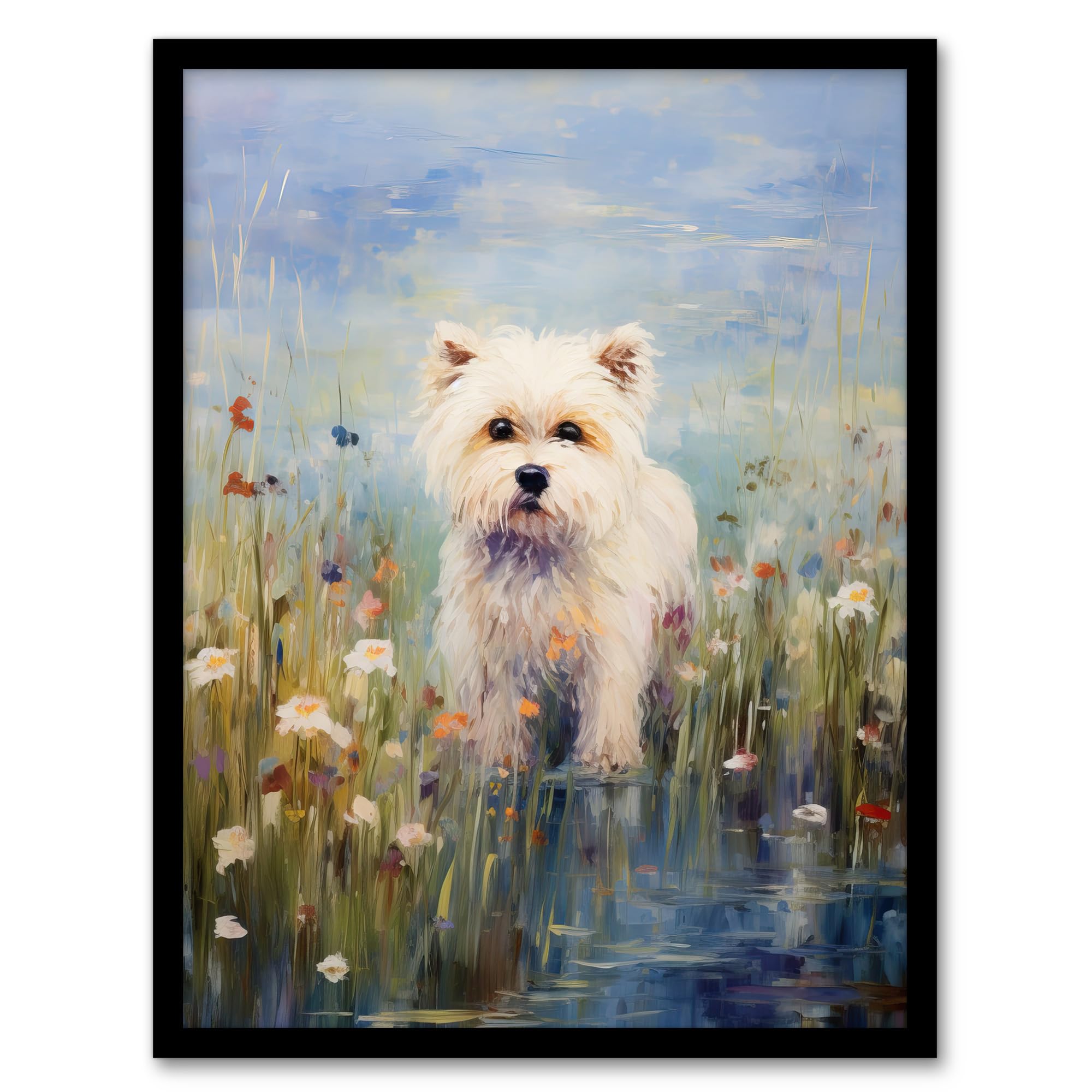 Artery8 West Highland Terrier Claude Monet Style Dog Oil Painting Pastel Colour Portrait Artwork Framed Wall Art Print A4