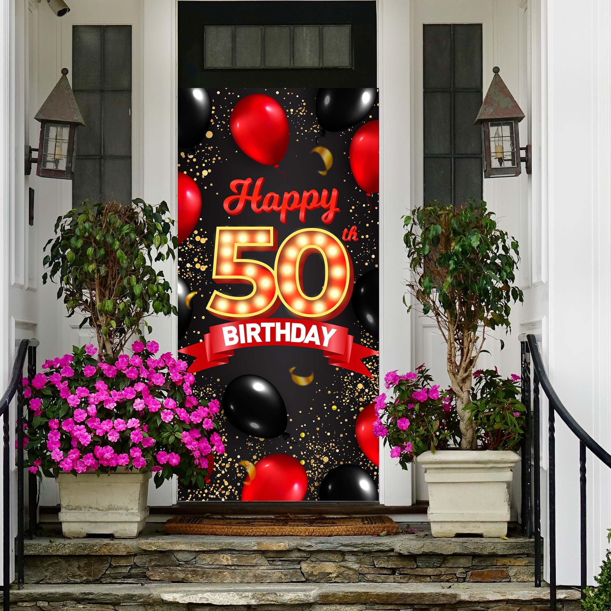 Happy 50th Birthday Banner - 71x47 Inch Red Black Backdrop Decorations
