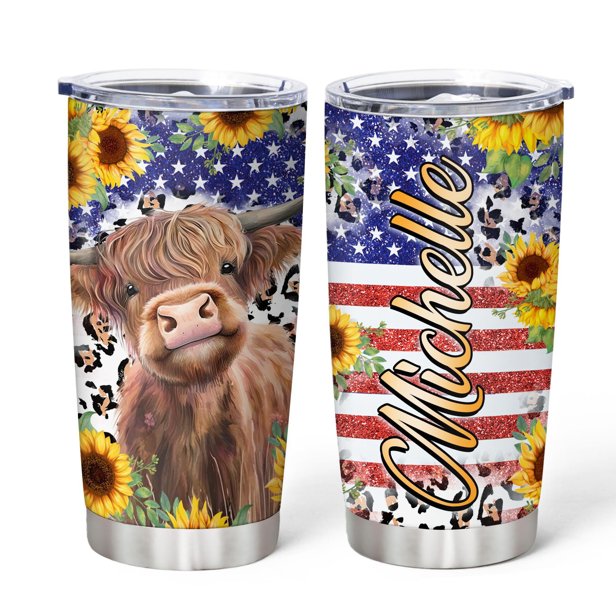 Hyturtle Personalized Gifts For Highland Cow Lover - American Flag Highland Cow Stainless Steel Tumbler 20oz With Lid - Idea Farm Animals Lover Gifts For Women, Girl On Christmas, Independence Day
