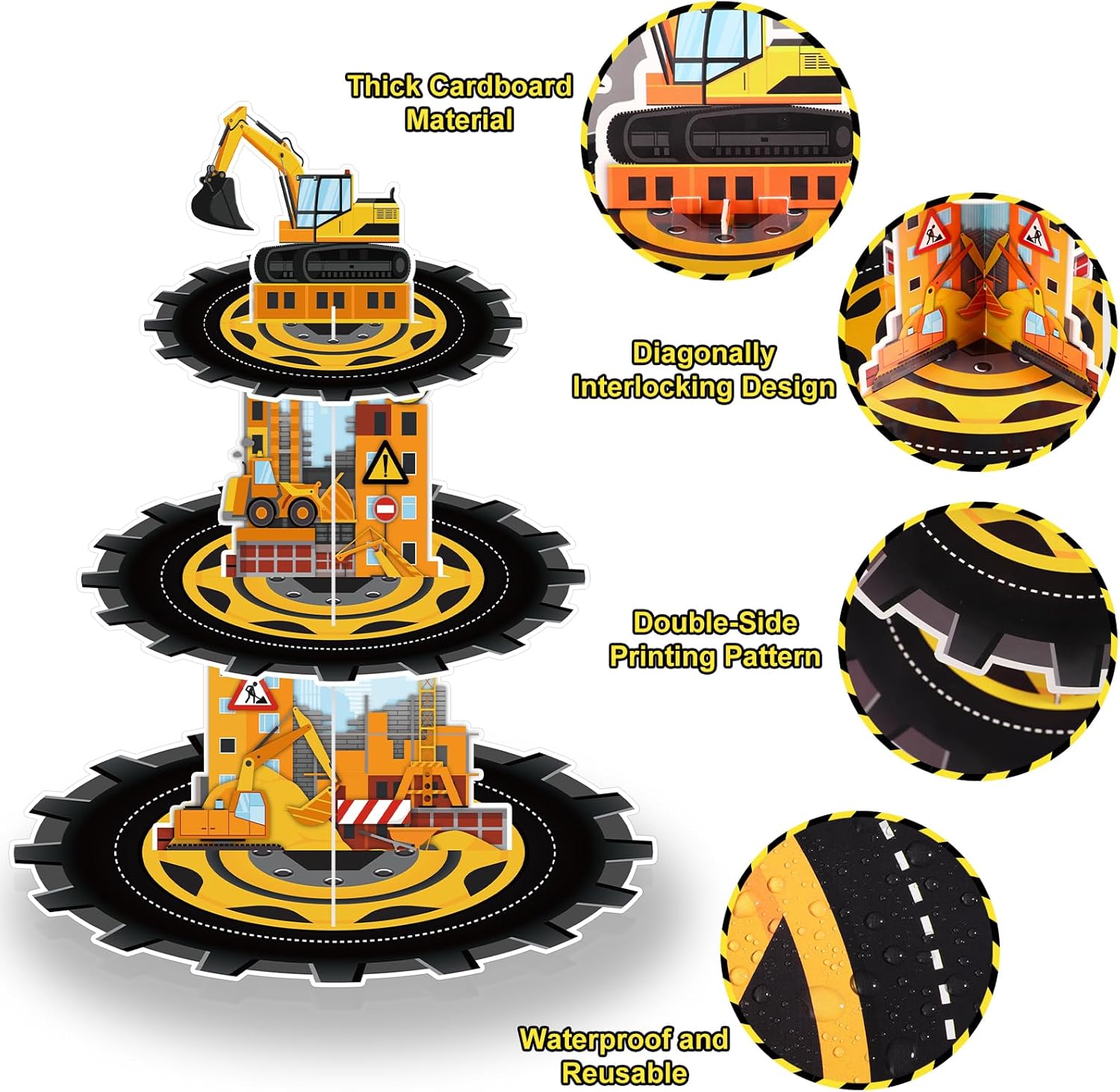 2 Pack Construction Cupcake Stand Construction Party Decorations 3 Tier Construction Cupcake Holder Dessert Stand for Boys Kids Baby Shower Birthday Party Supplies - Image 3