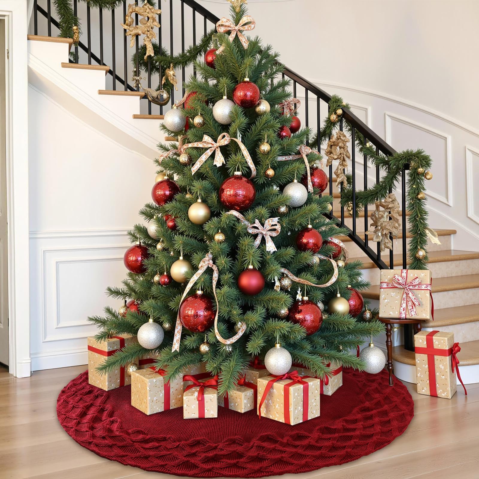 Gonne Rotonda per Alberi di Natale 120 cm Grande Tappeto per Albero di Natale Lavorata a Maglia Motivo a Quadri Copri Base Christmas tree per Casa Vacanze Feste Decorazione, Rosso