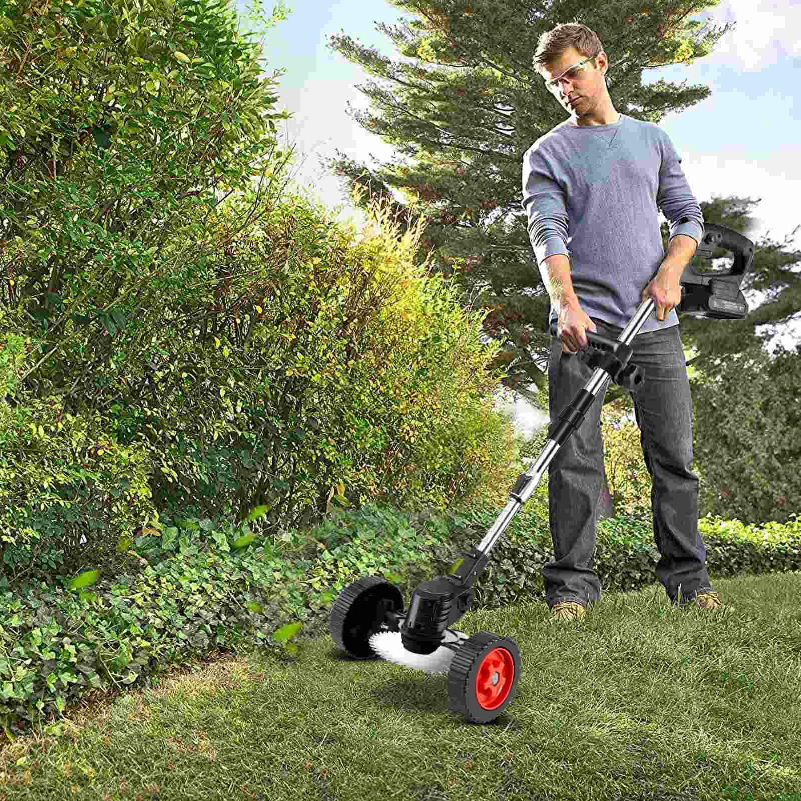 Corte con borde inalámbrico con 2 baterías de 1500 mAh, 650 W | Cabeza giratoria 90 °, mango ajustable 90 – 135 cm, desenrollador de batería para jardín y césped fácil