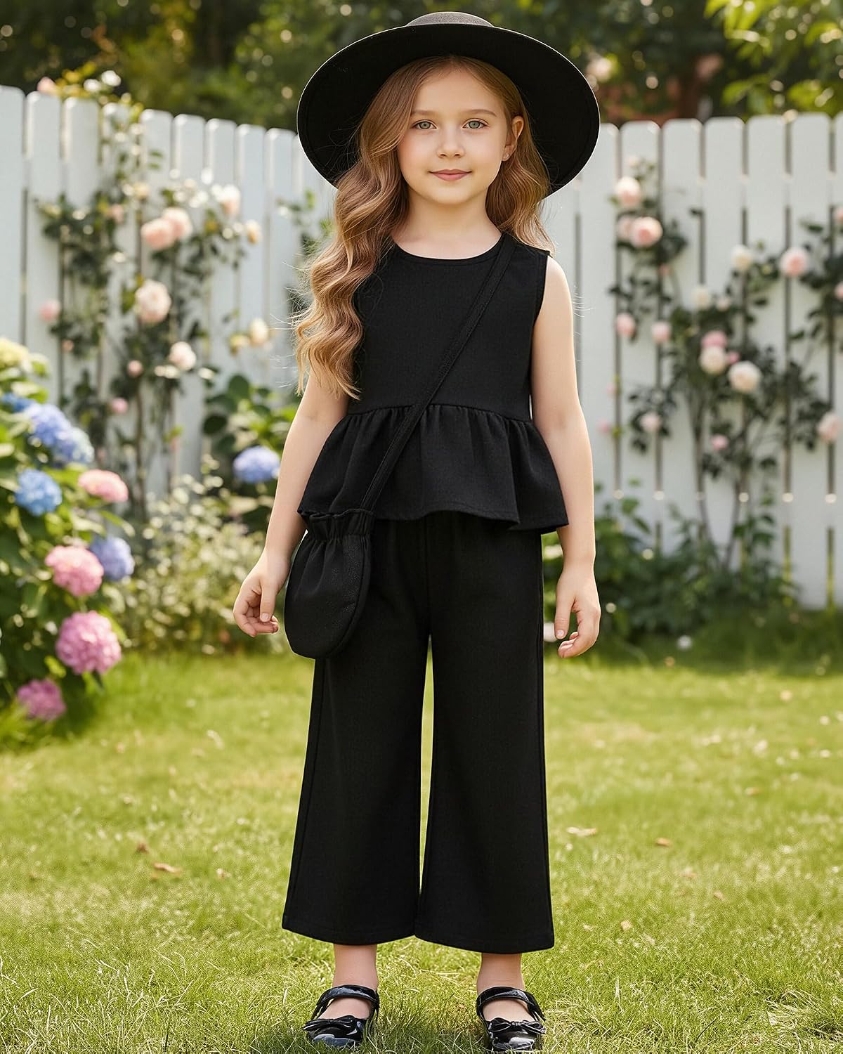 HINTINA Toddler Girl Summer Outfits Sleeveless Ruffle Tank Top Wide Leg Pant Set With Hat