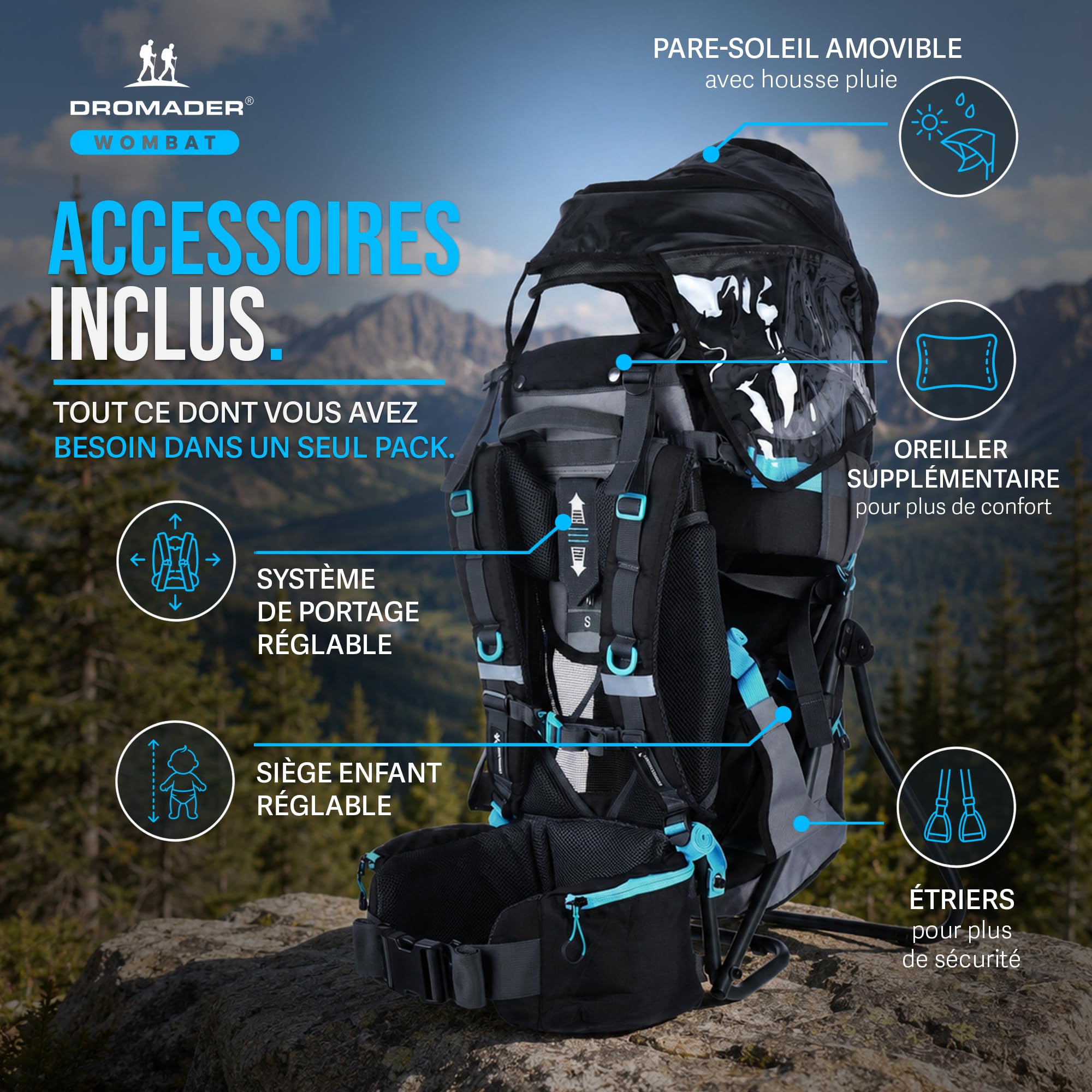 DROMADER Porte-Bébé Randonnée - Sac à Dos Porte Bébé Confortable Dorsal jusqu'à 22kg avec Pare-Soleil, Protection Pluie, Poche Isolante, Matelas à Langer - Cadre Pliable à Une Main - Noir et Bleu