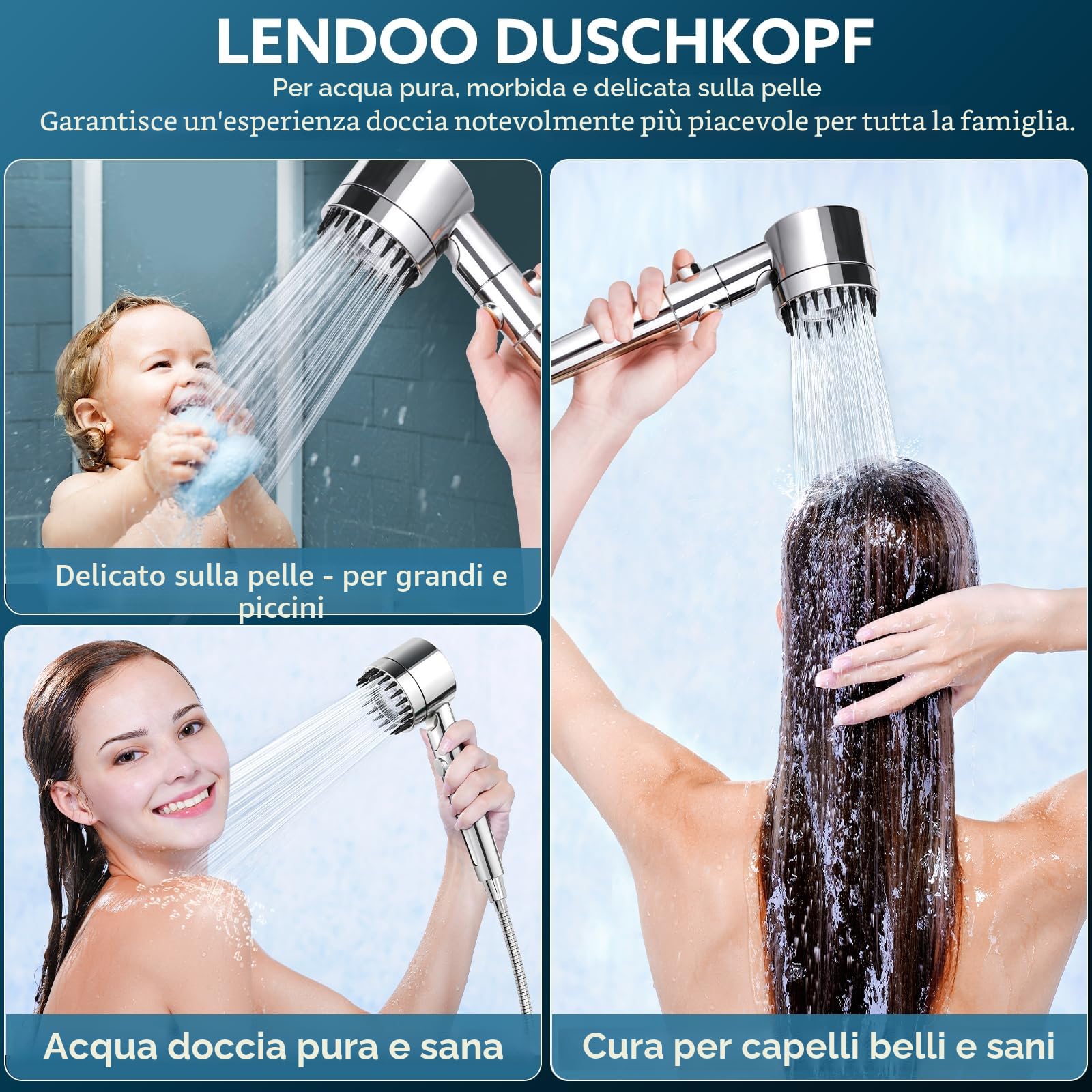 LENDOO Soffione Doccia Alta Pressione con Tubo 1.5M 4 Modalità Spruzzo Anticalcare Filtro Sostituibile Argento